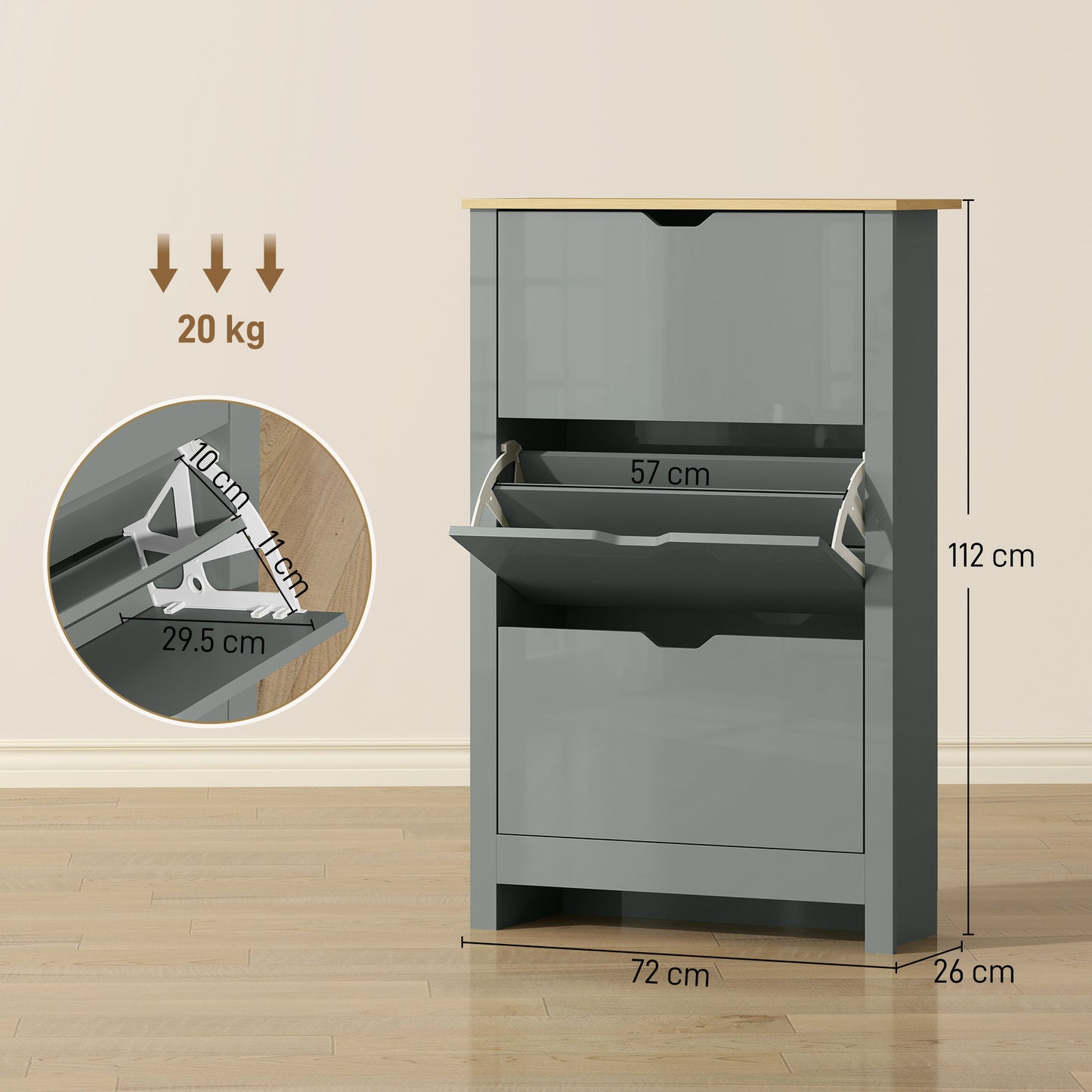 HOMCOM Slim Shoe Cabinet Narrow Cupboard With 3 Flip Drawers And Adjustable Shelves For 18 Pairs Of Shoes Light Grey