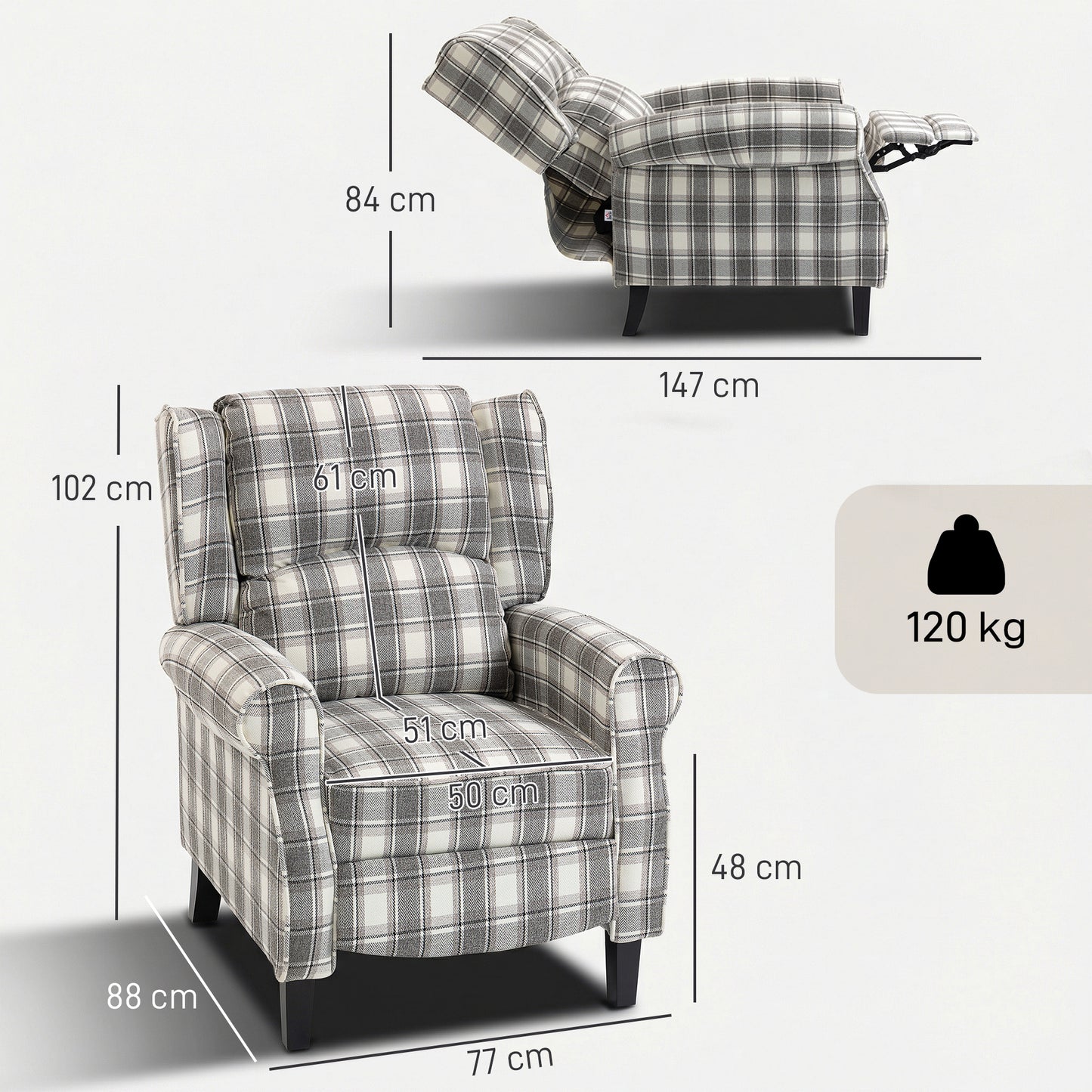 HOMCOM 160 Degree Reclining Armchair With Footrest Gray And White Linen Upholstery