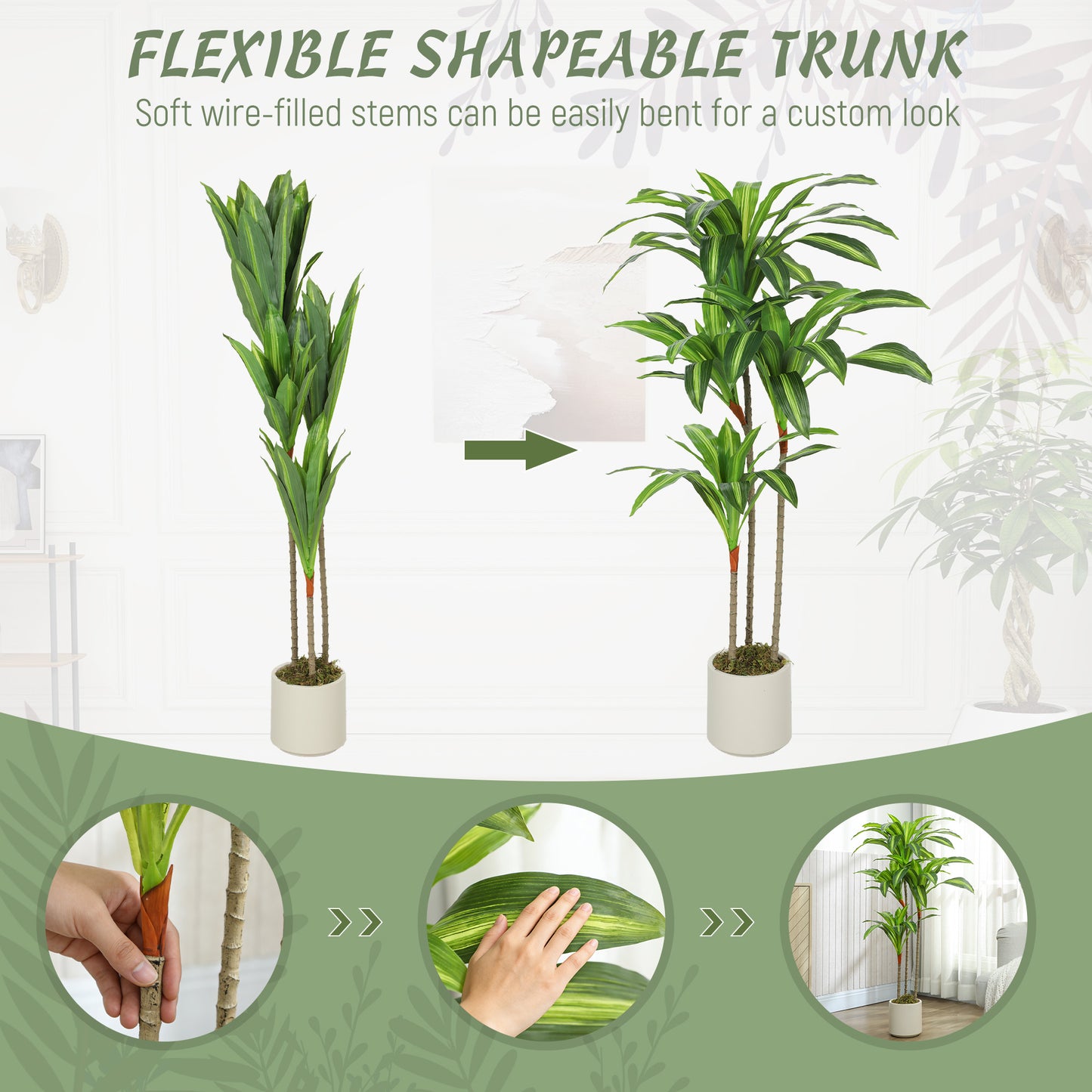 HOMCOM 120cm Artificial Dracaena Tree With Bendable Trunks Lifelike Green Indoor Decor