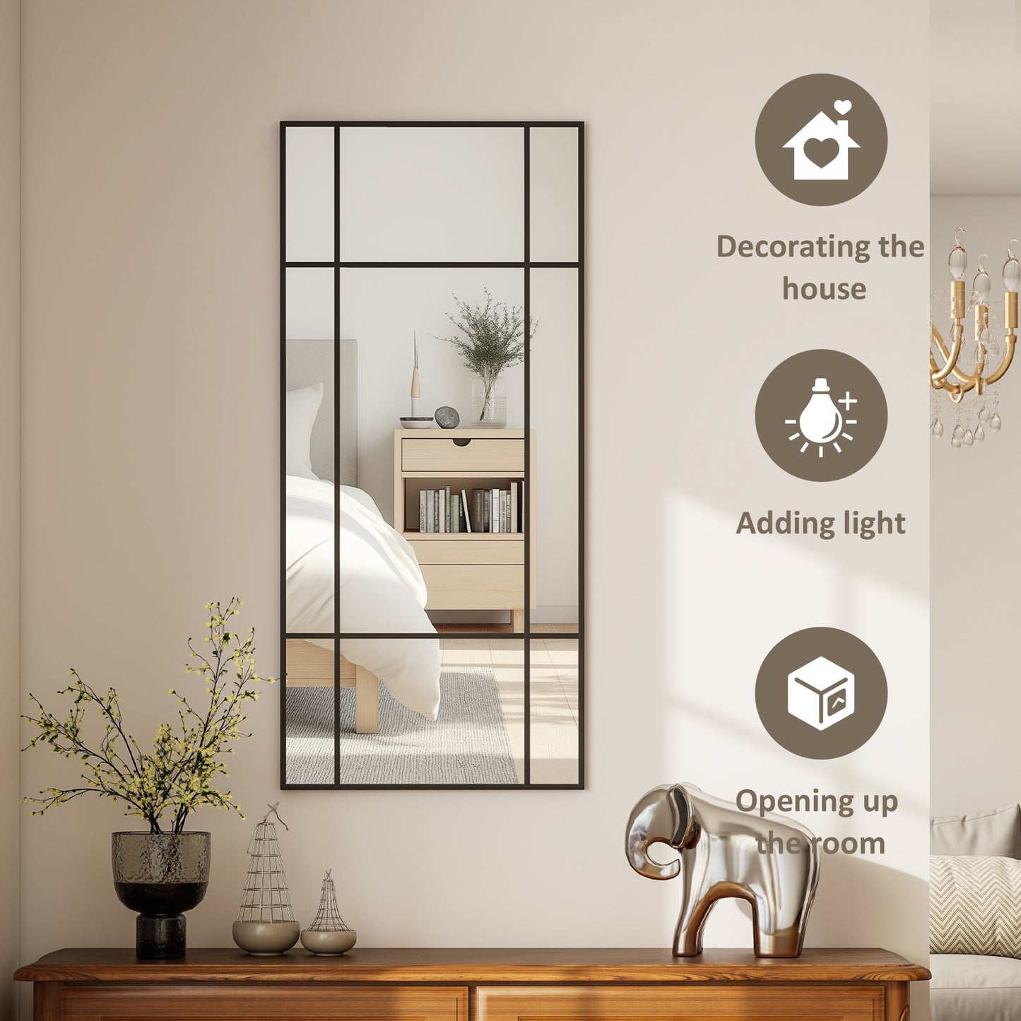HOMCOM Decorative Grid Wall Mirror With Back Hooks Black Finish For Living Room Bedroom Decor