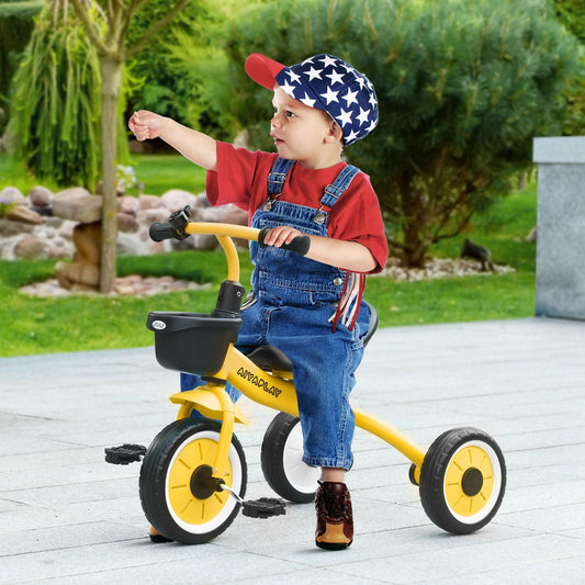 AIYAPLAY Yellow Kids Trike Tricycle, Adjustable Seat, Basket, Bell - Ages 2-5 - ALL4U RETAILER LTD