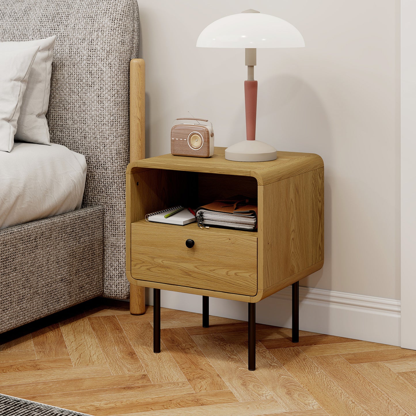 HOMCOM Oak Bedside Table With Drawer And Open Shelf Modern Nightstand For Bedroom Rounded Corner Design