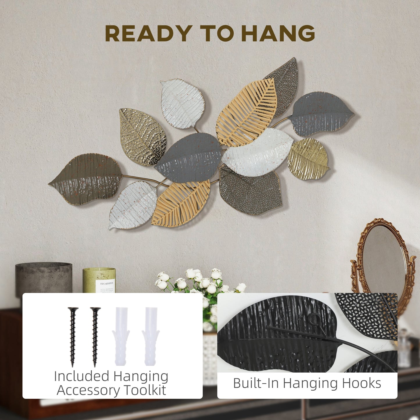 HOMCOM Metal Wall Art Modern Leaf Design Hanging Decor For Living Room Bedroom And Entryway 90.5W x 49H x 5D cm