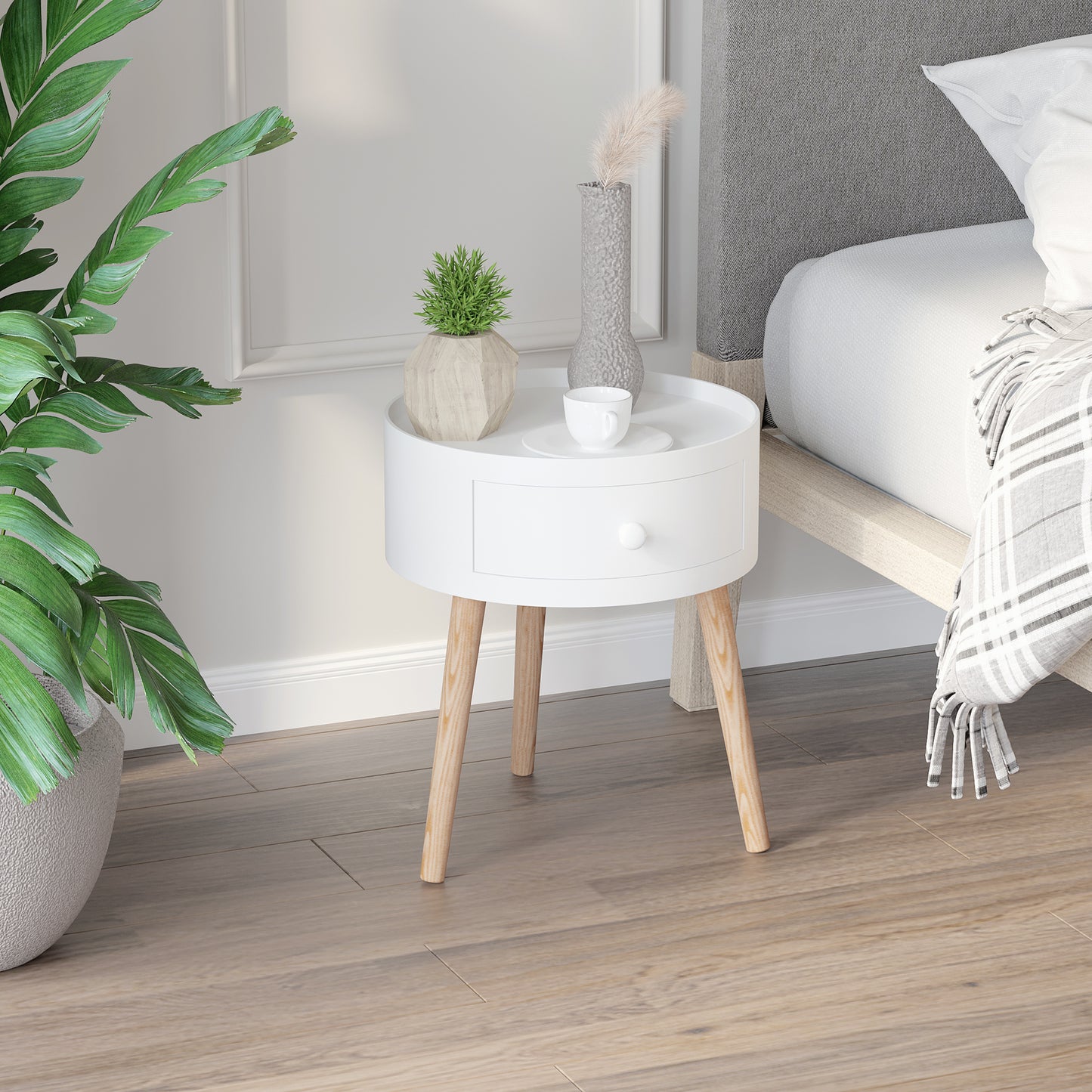 HOMCOM Round End Tables Set Of 2 With Drawer And Wood Legs White Modern Small Coffee Tables For Living Room Bedroom