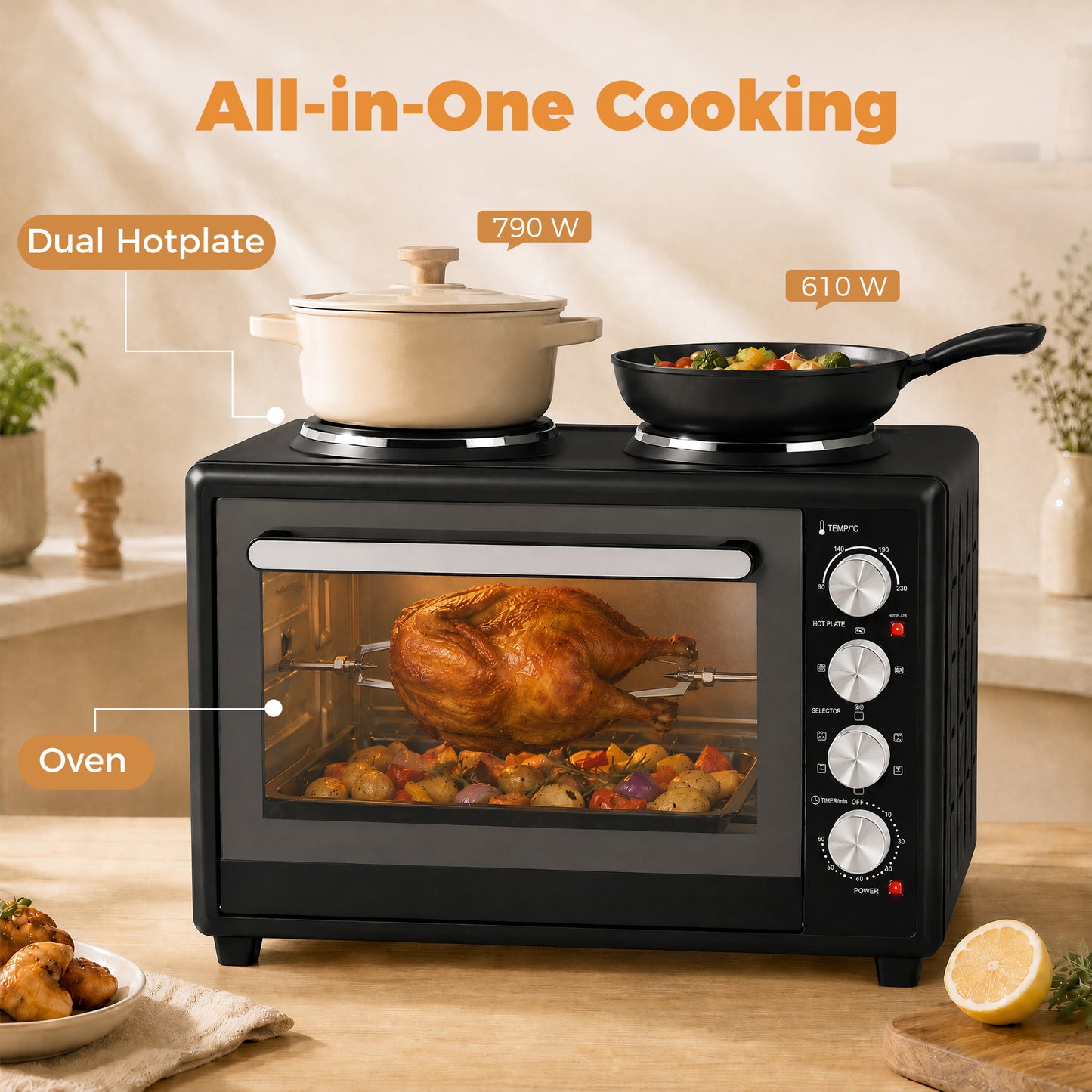 HOMCOM 36L Countertop Convection Oven With Dual Hot Plates And Adjustable Temperature