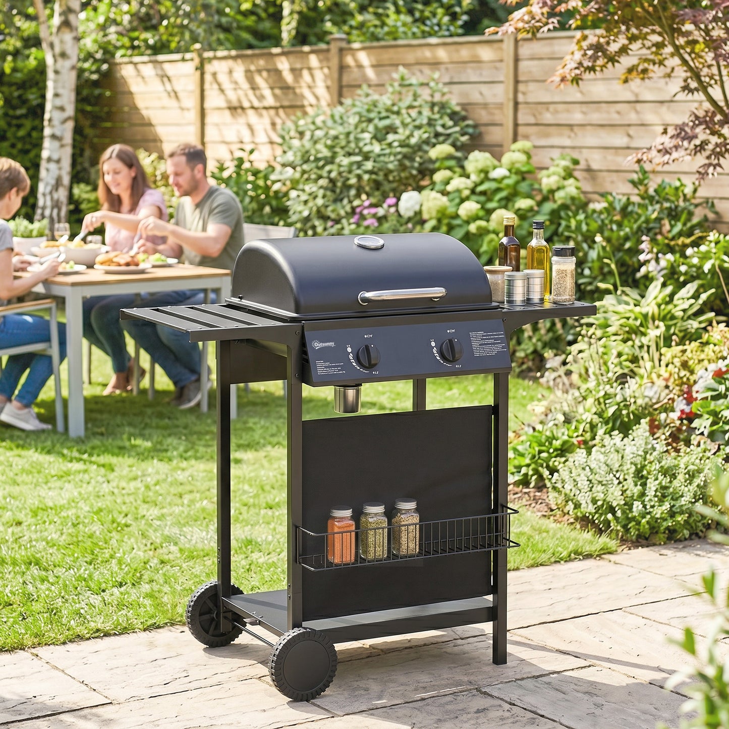 Outsunny Two Burner Gas Grill With Side Tables Warming Rack Thermometer Grease Tray Black