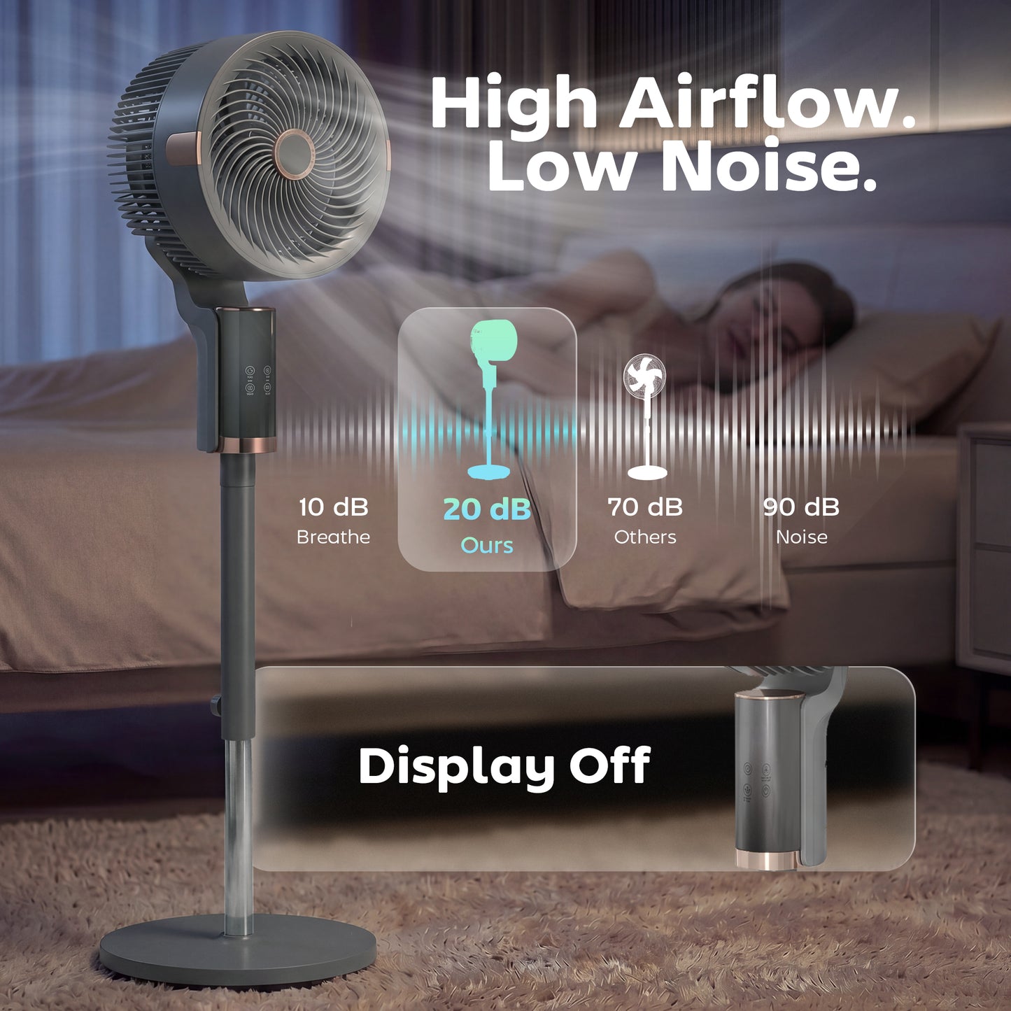 HOMCOM 20 dB Silent Pedestal Standing Fan For Bedroom 44 Inch With 90 Degree Oscillation 8 Speeds LED Light Grey