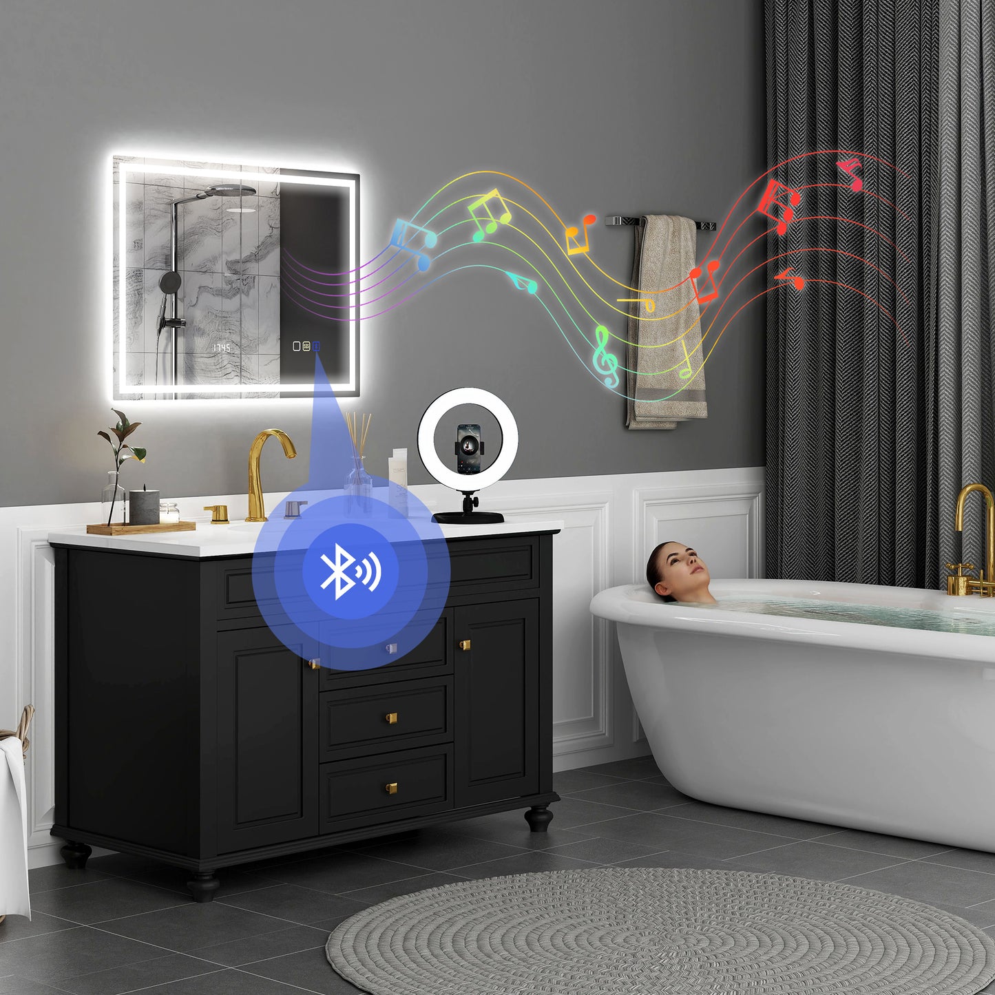 HOMCOM 60 X 80 CM Anti Fog LED Bathroom Mirror With Bluetooth Speaker And Clock Silver Tone