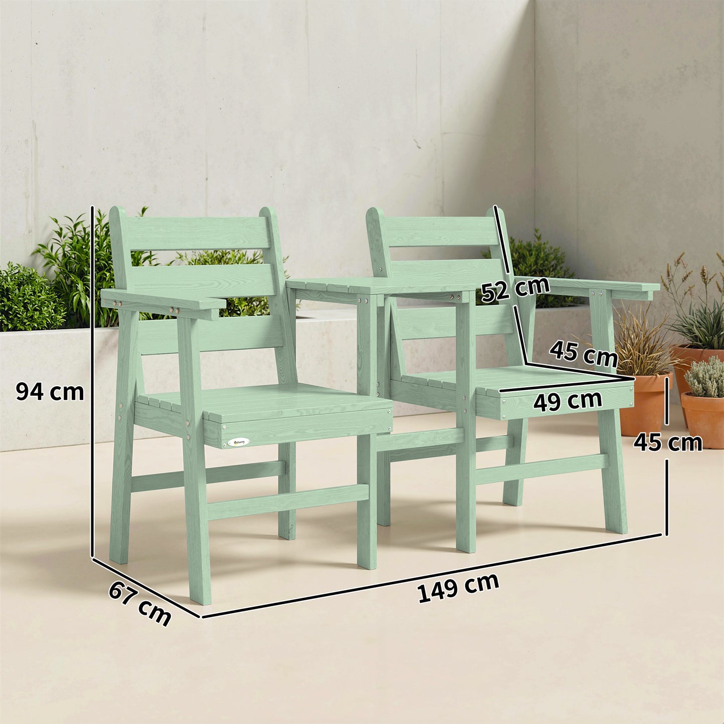Outsunny Outdoor Garden Loveseat With Integrated Table Jack And Jill Style Embossed Wood Green