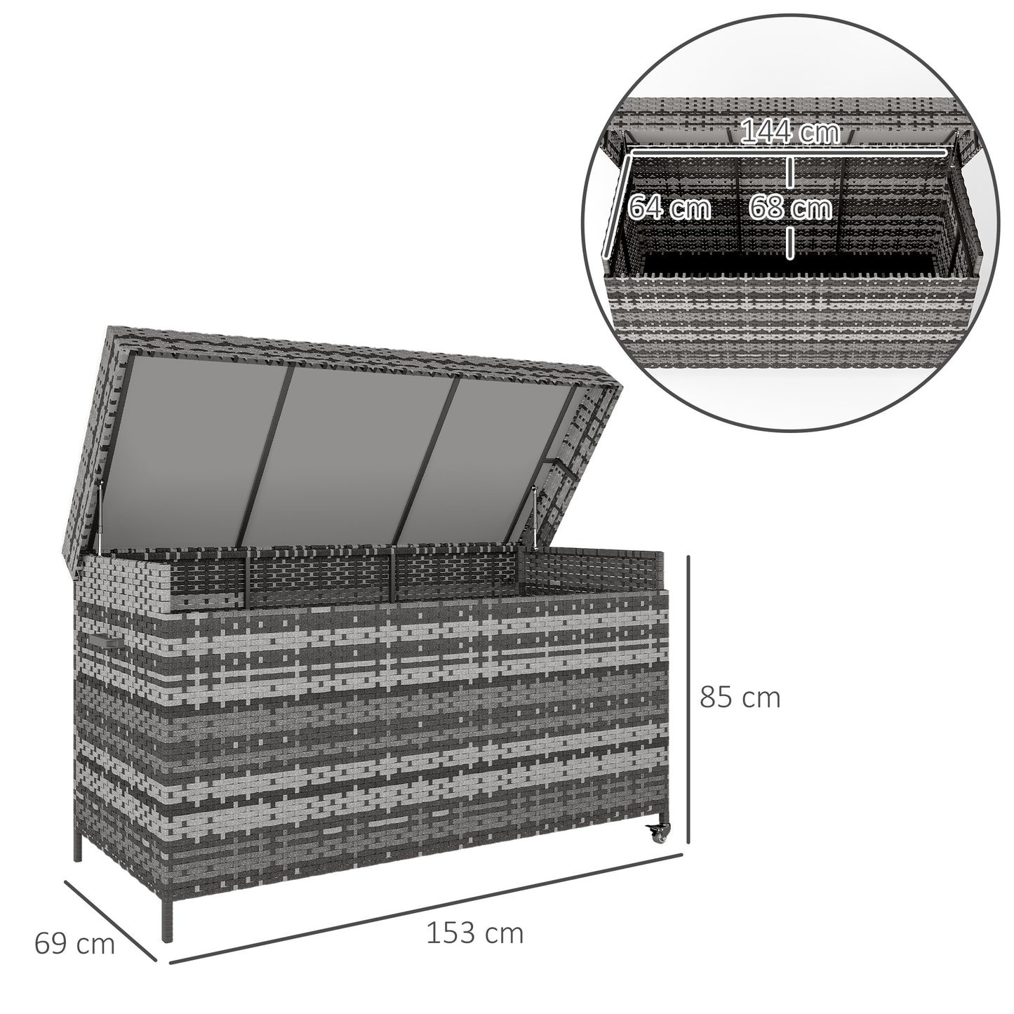Outsunny 627 L Rattan Storage Box With Gas Strut Lift For Garden Outdoor Dark Grey