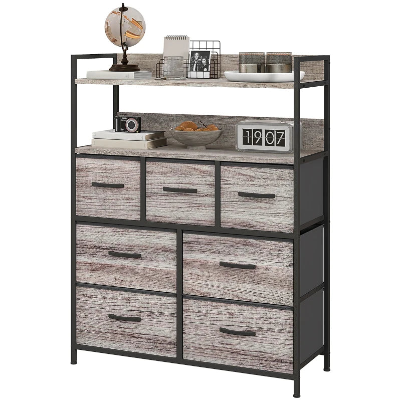 HOMCOM Rustic Chest of Seven Fabric Drawers with Grey Wood Effect Finish - ALL4U RETAILER LTD