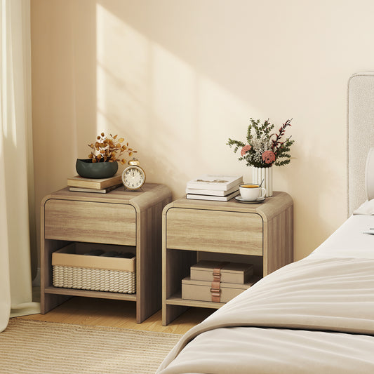 HOMCOM Bedside Tables Set Of 2 With Rounded Corners Modern Nightstands Silent Drawers For Bedroom Natural Finish