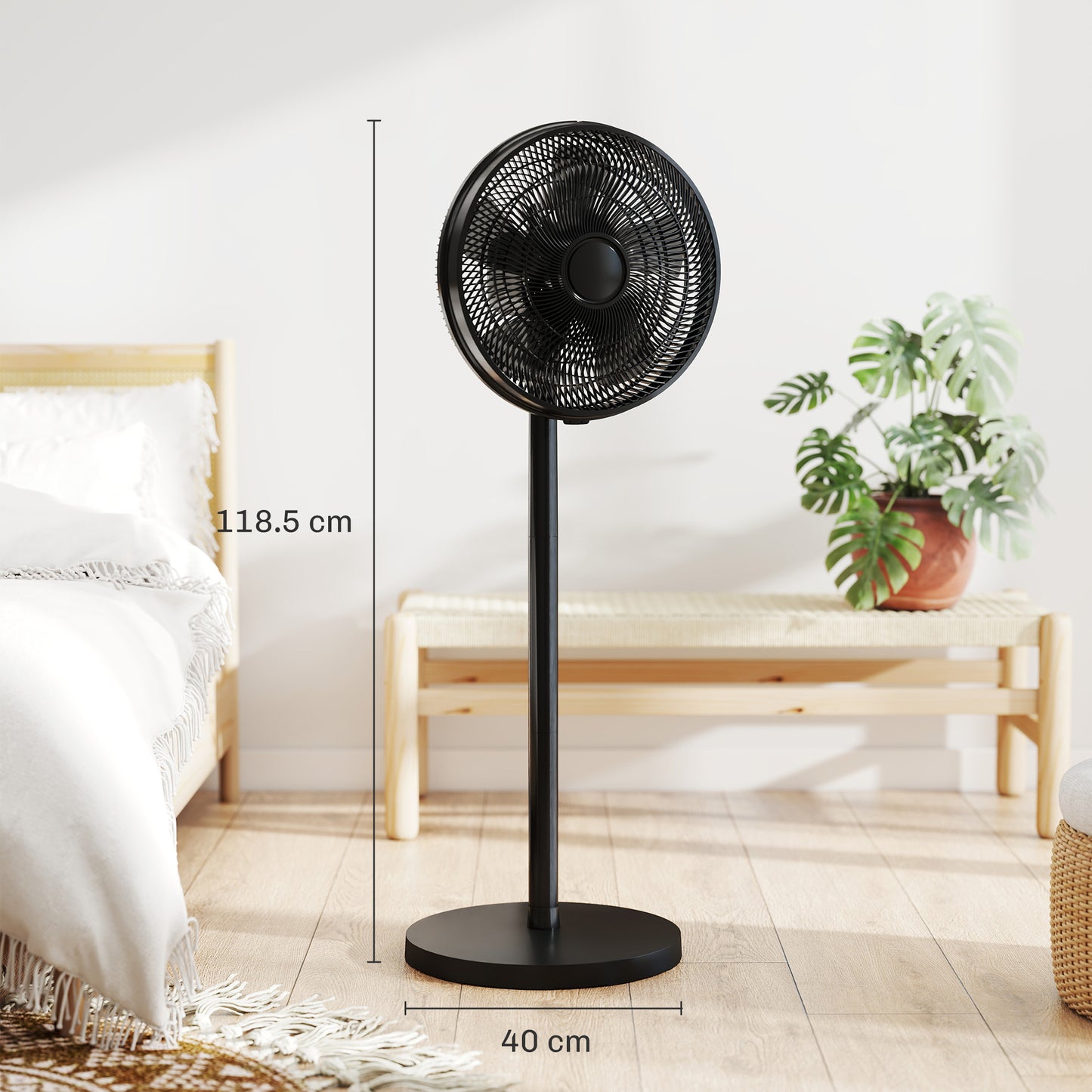 HOMCOM 40 cm Standing Fan With 80 Degree Oscillation Adjustable Tilt And Height 4 Speeds Remote Control Black