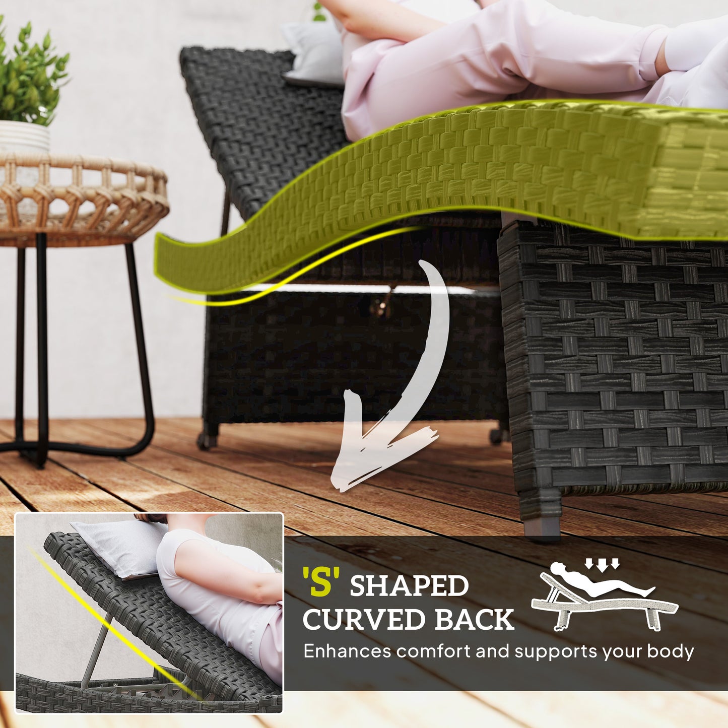Outsunny Outdoor PE Rattan Sun Lounger Folding Wicker Garden Recliner With 4 Level Backrest Rolling Sunbed Chair Black