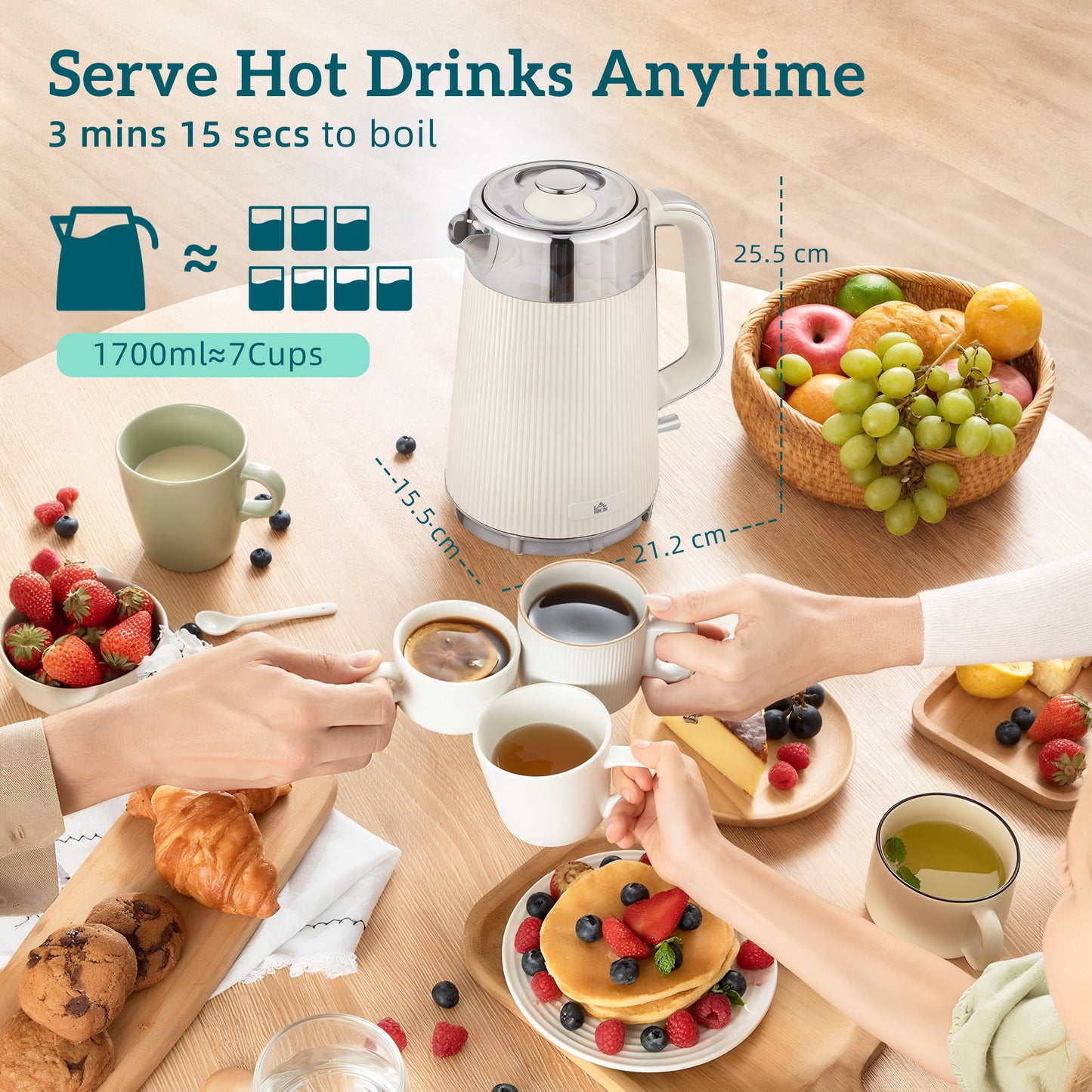 HOMCOM Kettle And 4 Slice Toaster Set Cream White 3000W 1.7L UK Strix Thermostat Cool Touch Limescale Filter