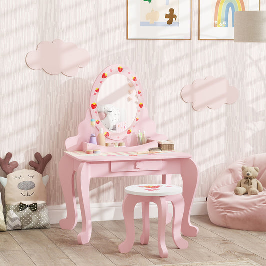 AIYAPLAY Kids Dressing Table Set Vanity With Stool Mirror Drawer Storage Strawberry Theme Pink