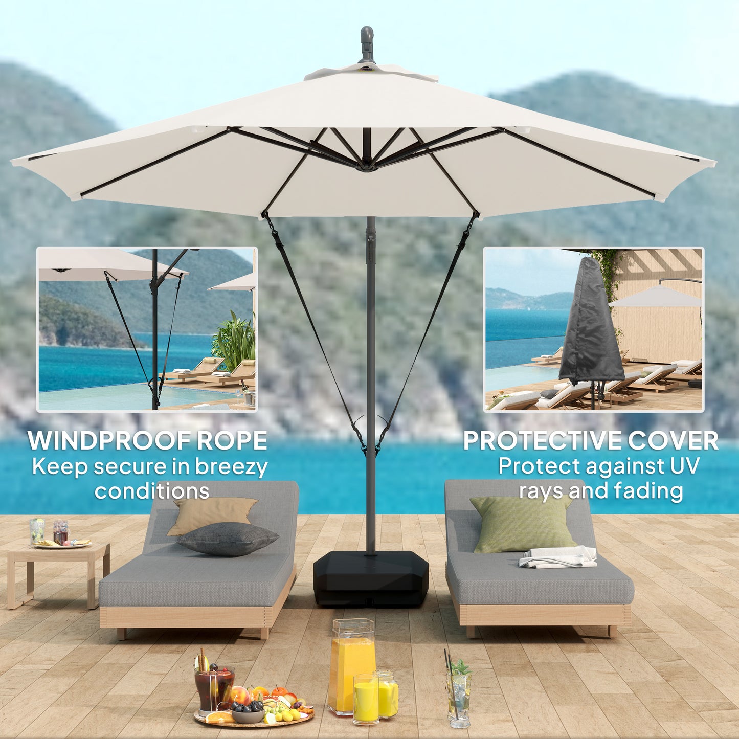 Outsunny 3m Garden Cantilever Parasol With Fillable Base Up To 90kg, Crank Tilt, Wind Straps, UPF50+ Cream, Cover
