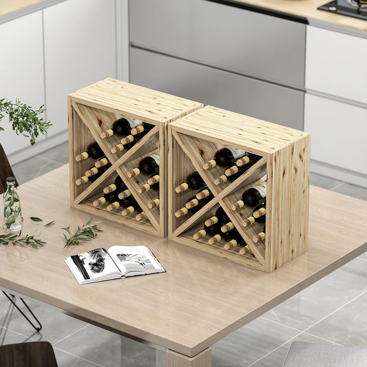 HOMCOM Set Of 2 Wooden Wine Rack X Shaped Tabletop Storage Holder For 24 Bottles Natural Wood