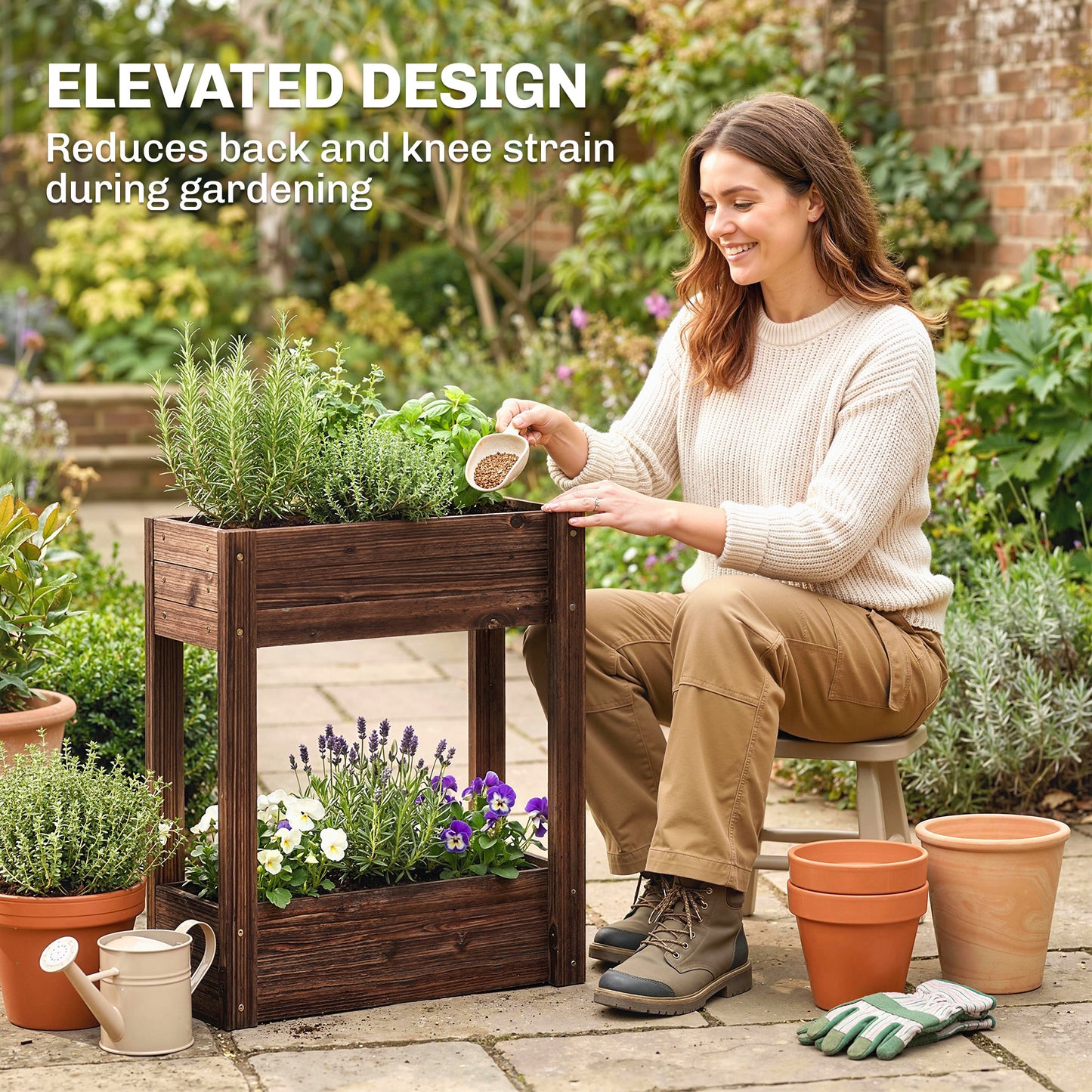 Outsunny 2 Tier Wooden Raised Planter Bed On Legs With Drainage Holes And Bed Liner Elevated Garden Planter