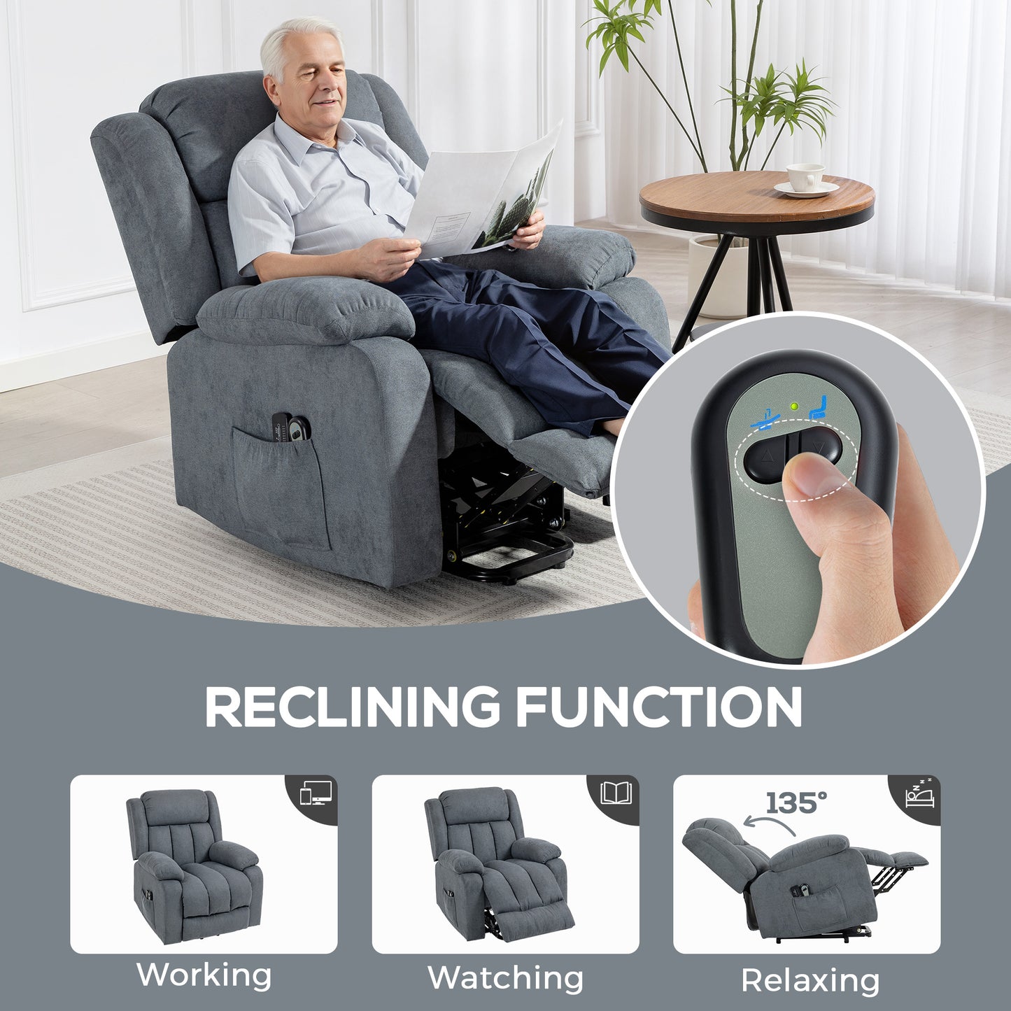 HOMCOM Power Lift Recliner Chair With Vibration Massage For Elderly Remote Control Footrest Side Pocket Grey