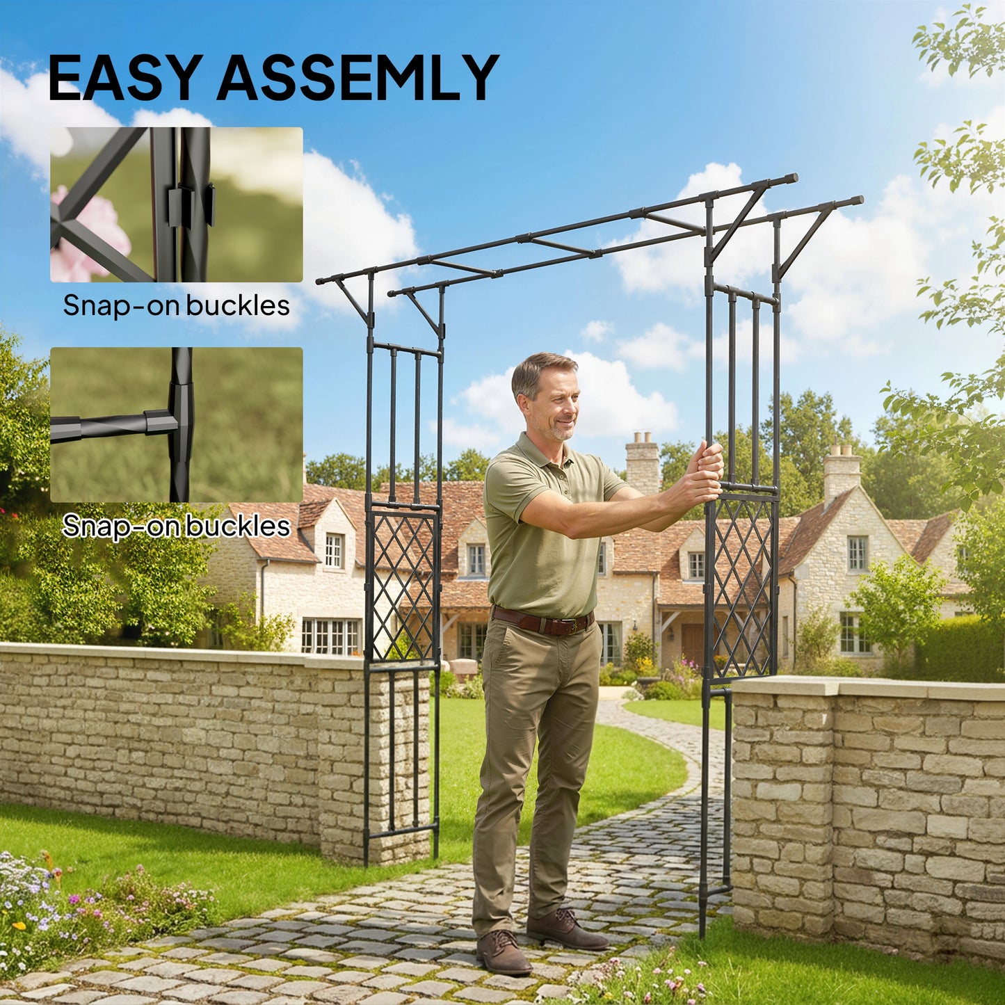 Outsunny Garden Arch With Trellis For Climbing Plants PE Coated Steel Arbour Black 180 x 40 x 215 cm