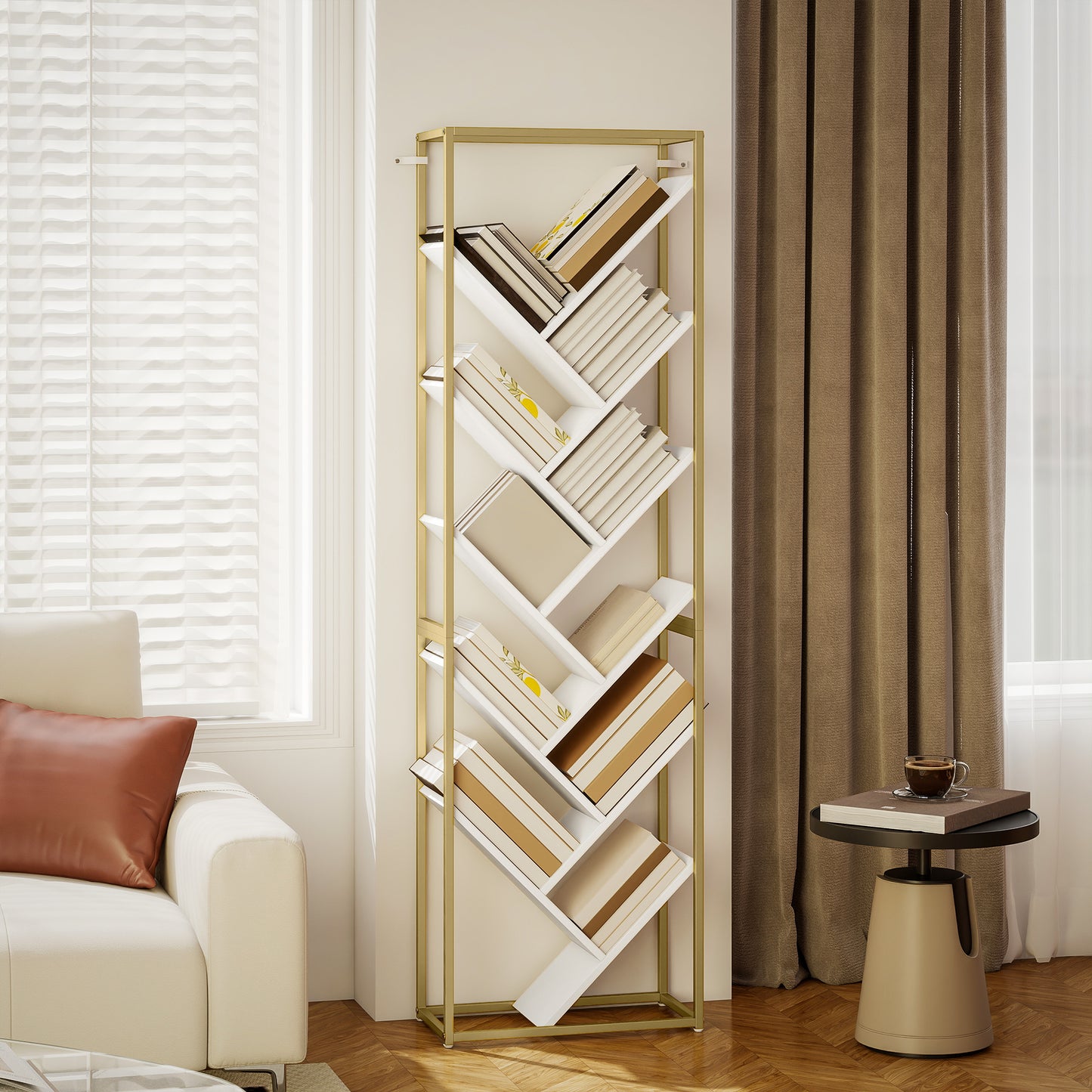 HOMCOM 10 Shelf Modern Style Tree Bookshelf Gold Tone White Tall 170 cm Space Saving Floor Standing