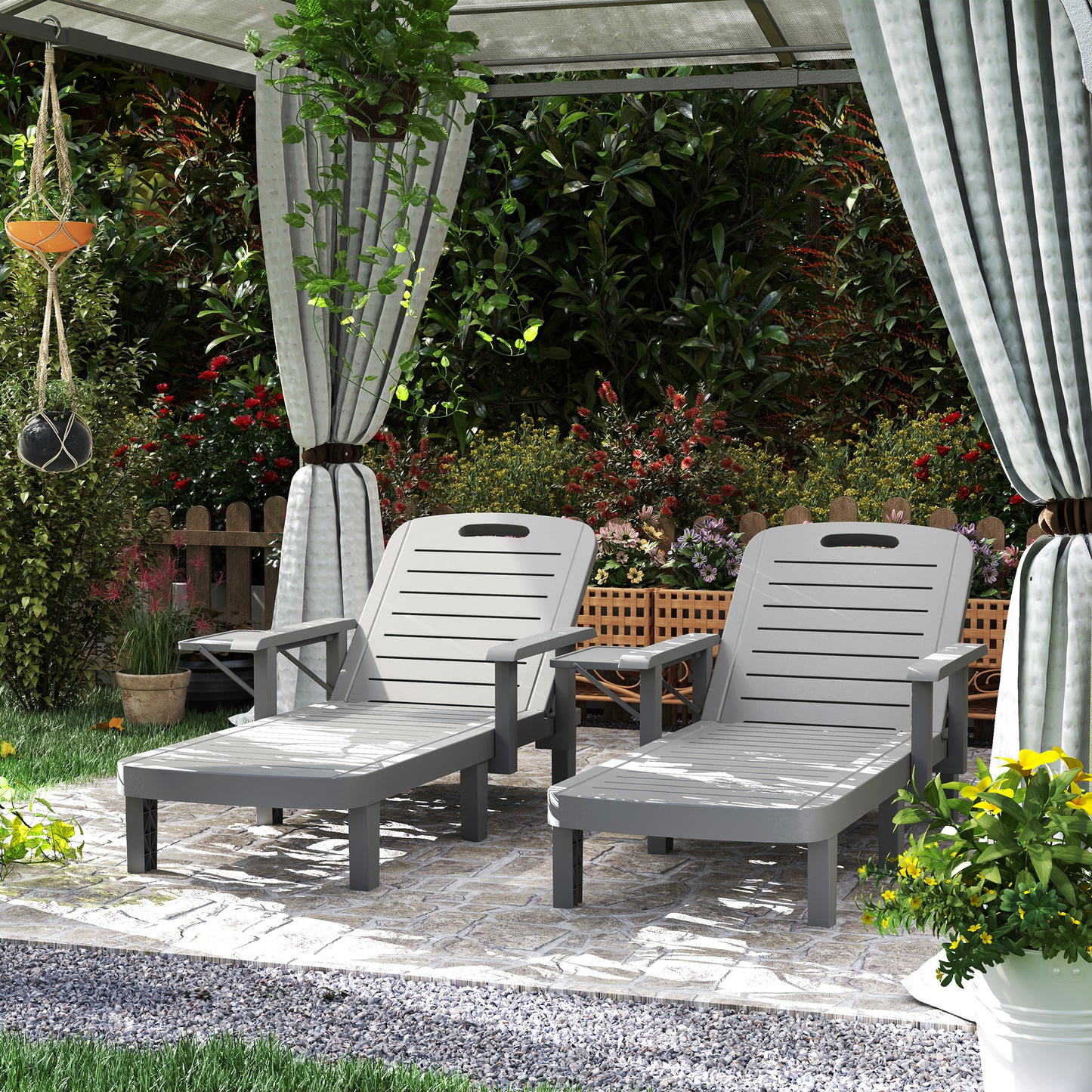 Outsunny 2 Pack Resin Sun Loungers Garden Beach 5 Position Adjustable Wood Grain Surface Foldable Table Dark Grey