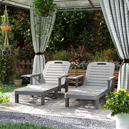 Outsunny 2 Pack Resin Sun Loungers Garden Beach 5 Position Adjustable Wood Grain Surface Foldable Table Dark Grey