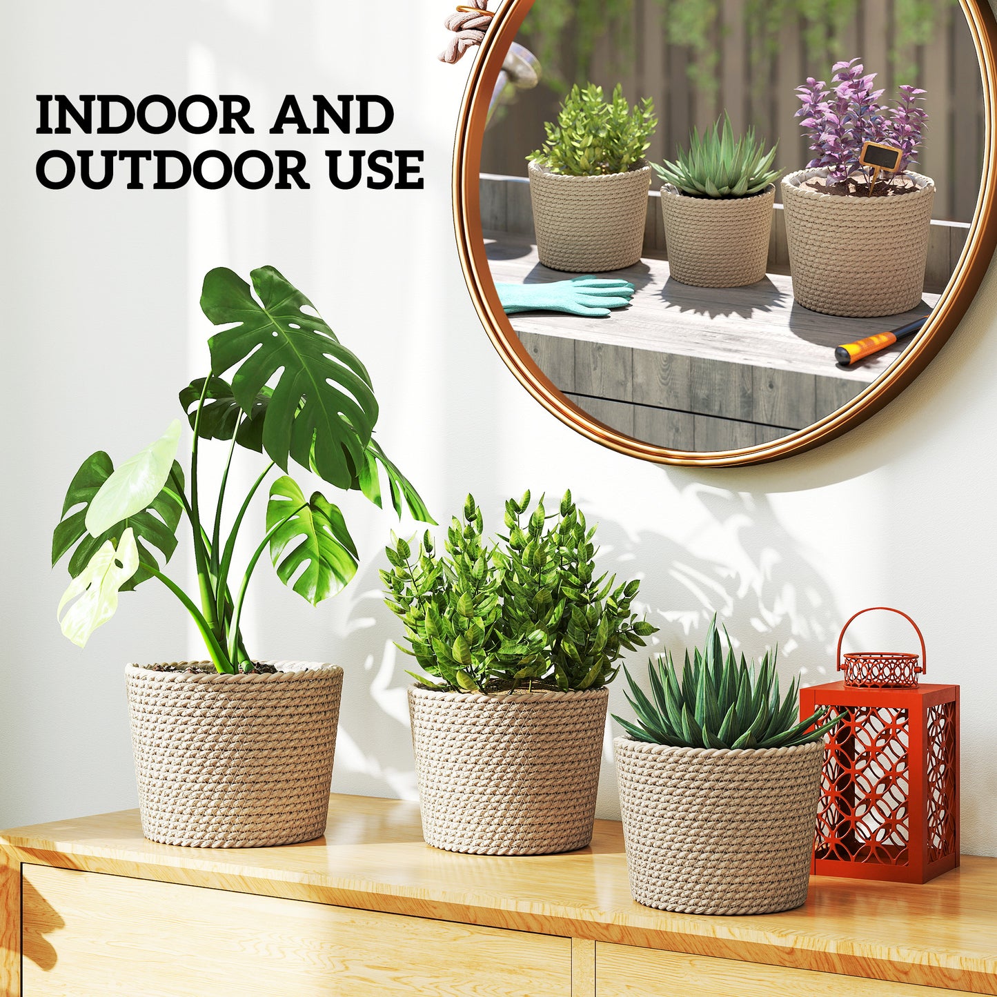 Outsunny Seagrass Planters Set Of 3 Indoor Outdoor Plant Pots For Patio Balcony Natural Finish