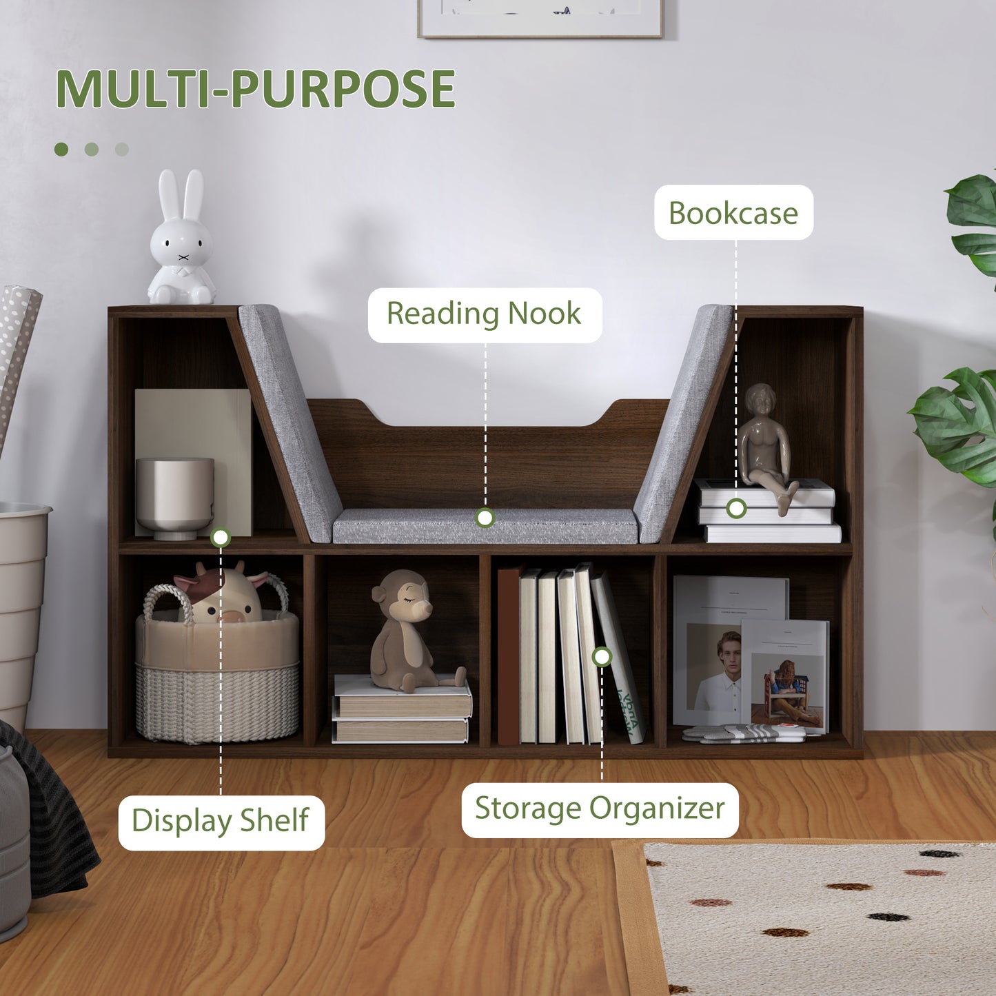HOMCOM Cube Bookshelf Organizer With Cushioned Reading Seat Storage Shelf Chestnut For Bedroom And Living Room