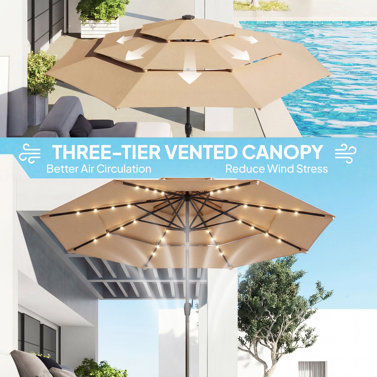 Outsunny 2.8m Garden Parasol Umbrella With LED Solar Light Parasol Cover 3 Tier Outdoor Table Market Patio Khaki