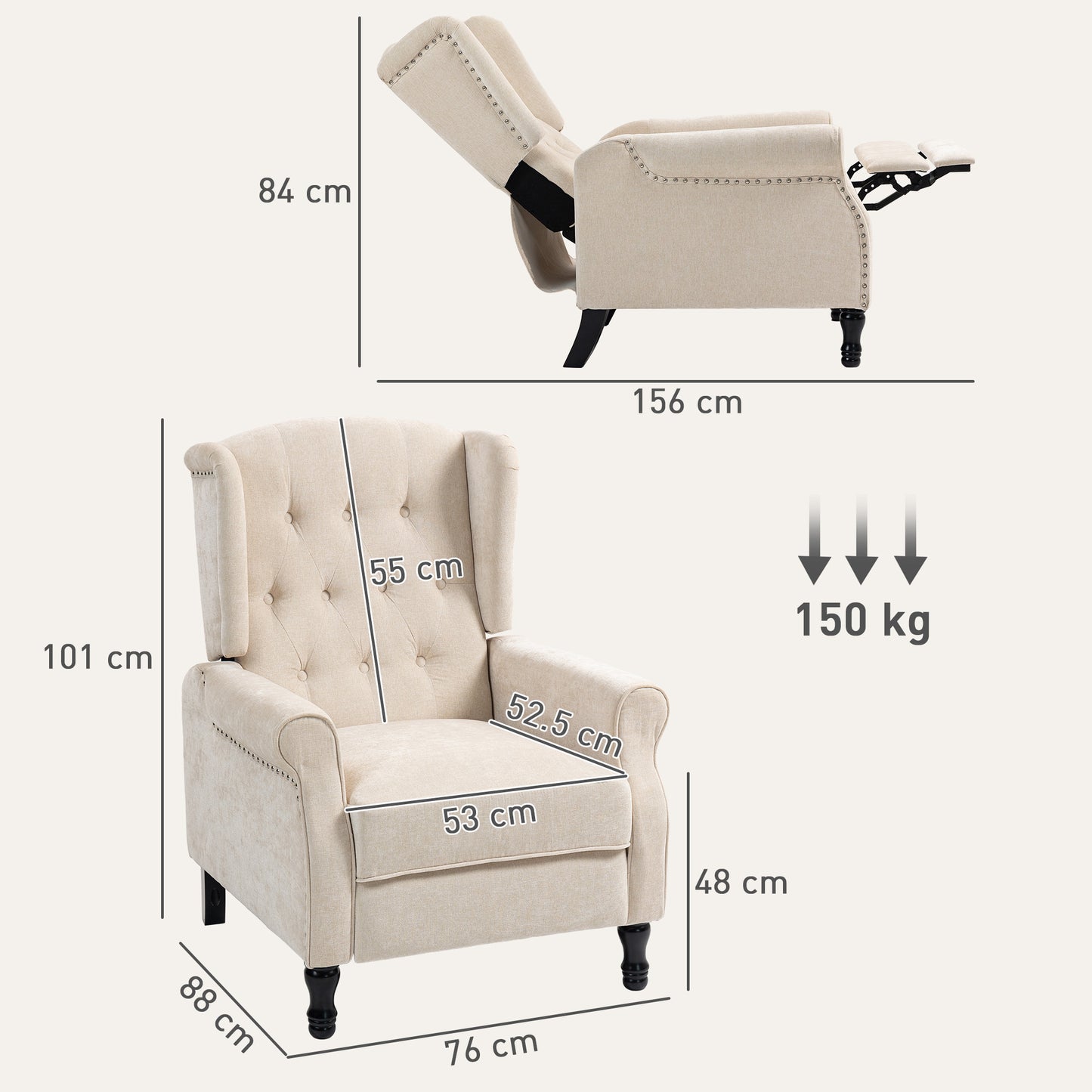 HOMCOM 150 Degree Reclining Vintage Armchair With Footrest Beige Upholstered Living Room Chair