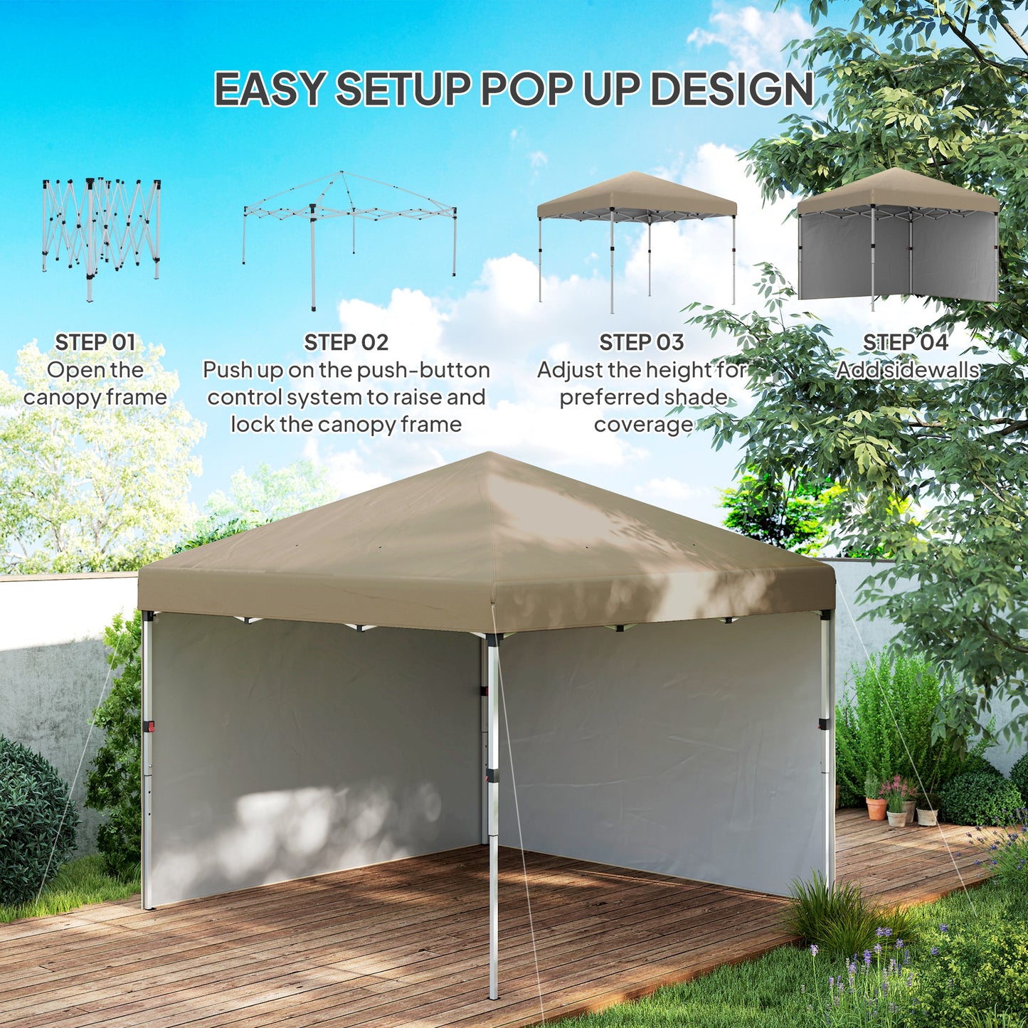 Outsunny 3x3 Pop Up Gazebo M Height Adjustable UPF 30+ With 2 Sidewalls Leg Weight Bags Wheeled Bag Khaki