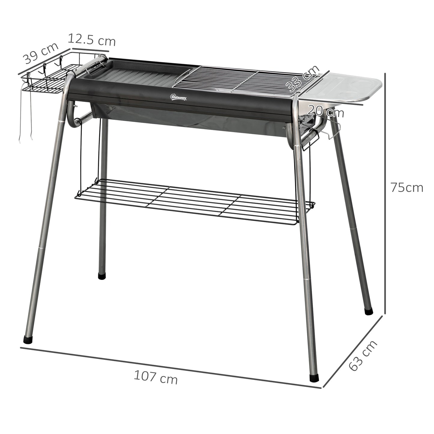 Outsunny Charcoal BBQ Grill Black Portable Cooker For Garden And Tailgating Large Cooking Area Serves 8 To 15