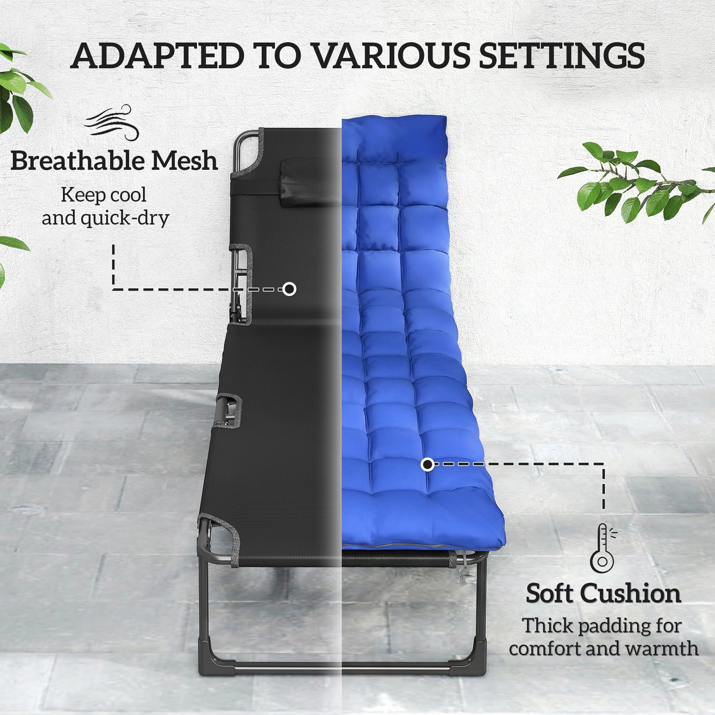 Outsunny Folding Sun Loungers Set of 2 for Garden 5 Position Oversized Camping Bed Recliners With Cushions Blue