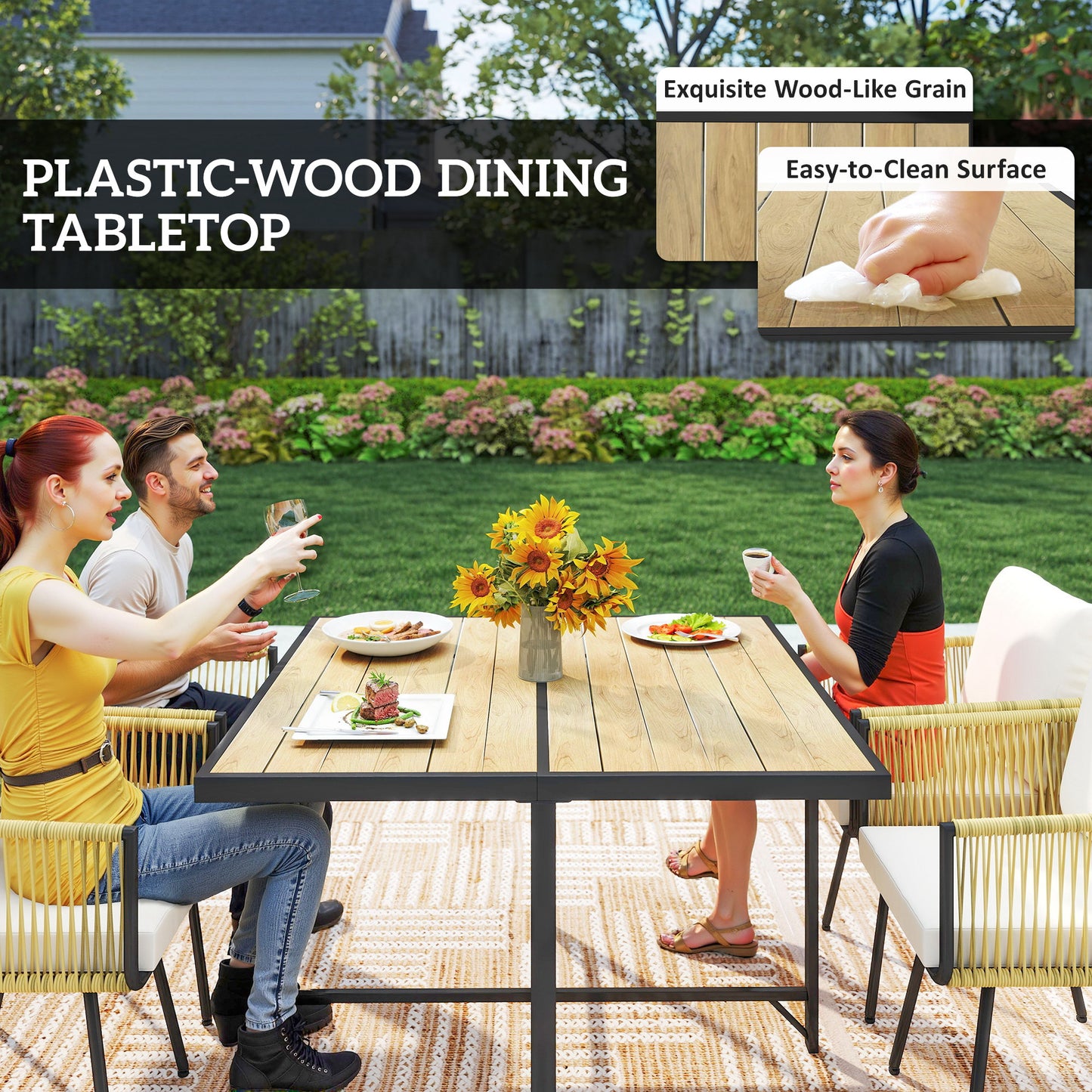 Outsunny 5 Piece Garden Furniture Set With Wood Plastic Table And Four Armchairs Beige Outdoor Dining Set