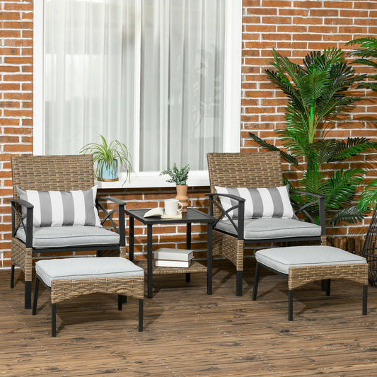 Outsunny 5pc Rattan Garden Furniture Set w/Chair, Footstool and Table, Grey - ALL4U RETAILER LTD