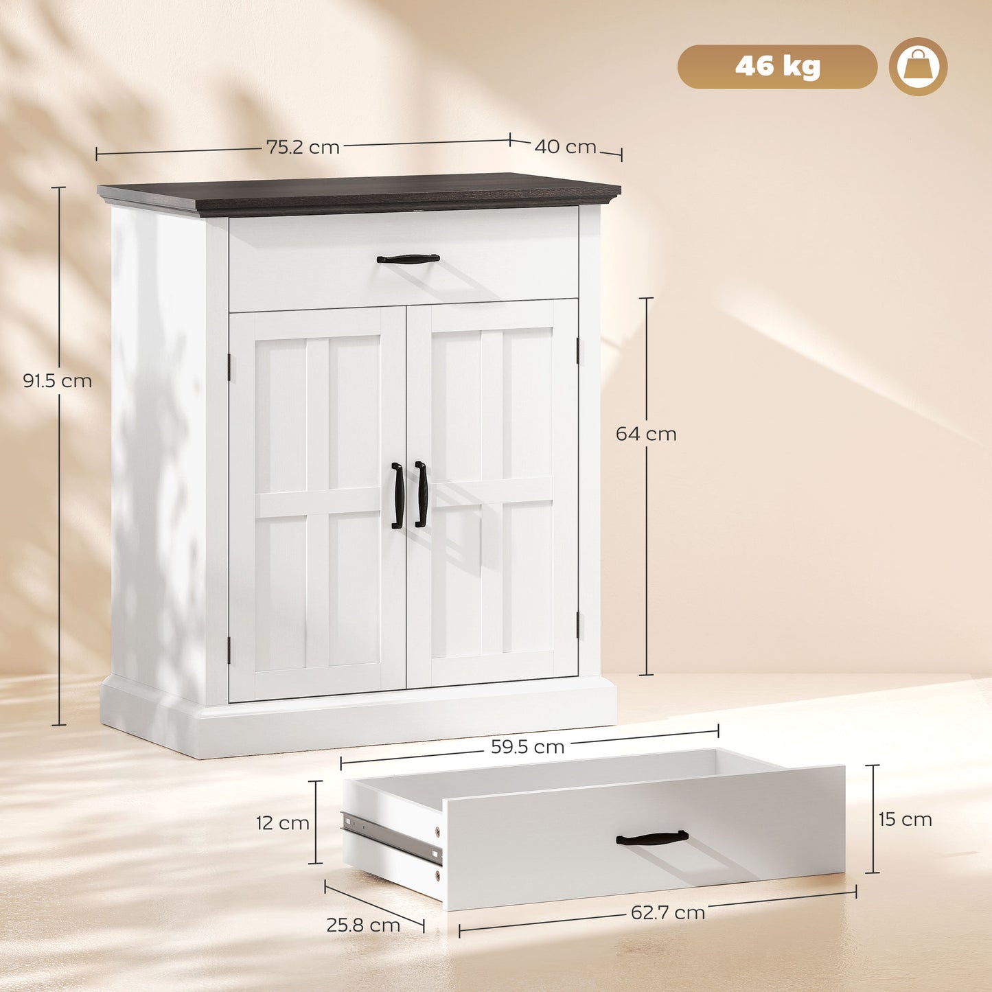 HOMCOM Farmhouse Sideboard With 3 Cm Thick Top And Two Barn Doors White Kitchen Storage Cabinet