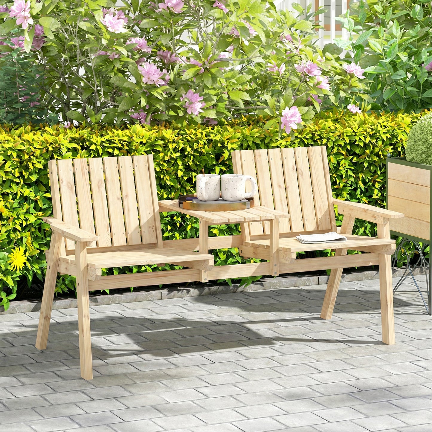 Outsunny 2 Seater Outdoor Garden Loveseat With Table And Parasol Hole In Natural Fir Wood Finish