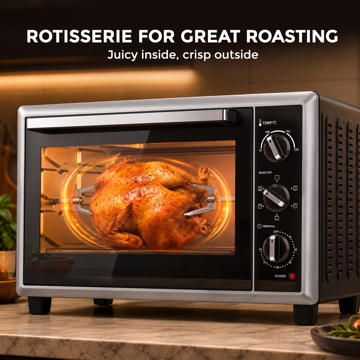 Rotisserie electric mini oven with glass door and chicken on spit, side control dials