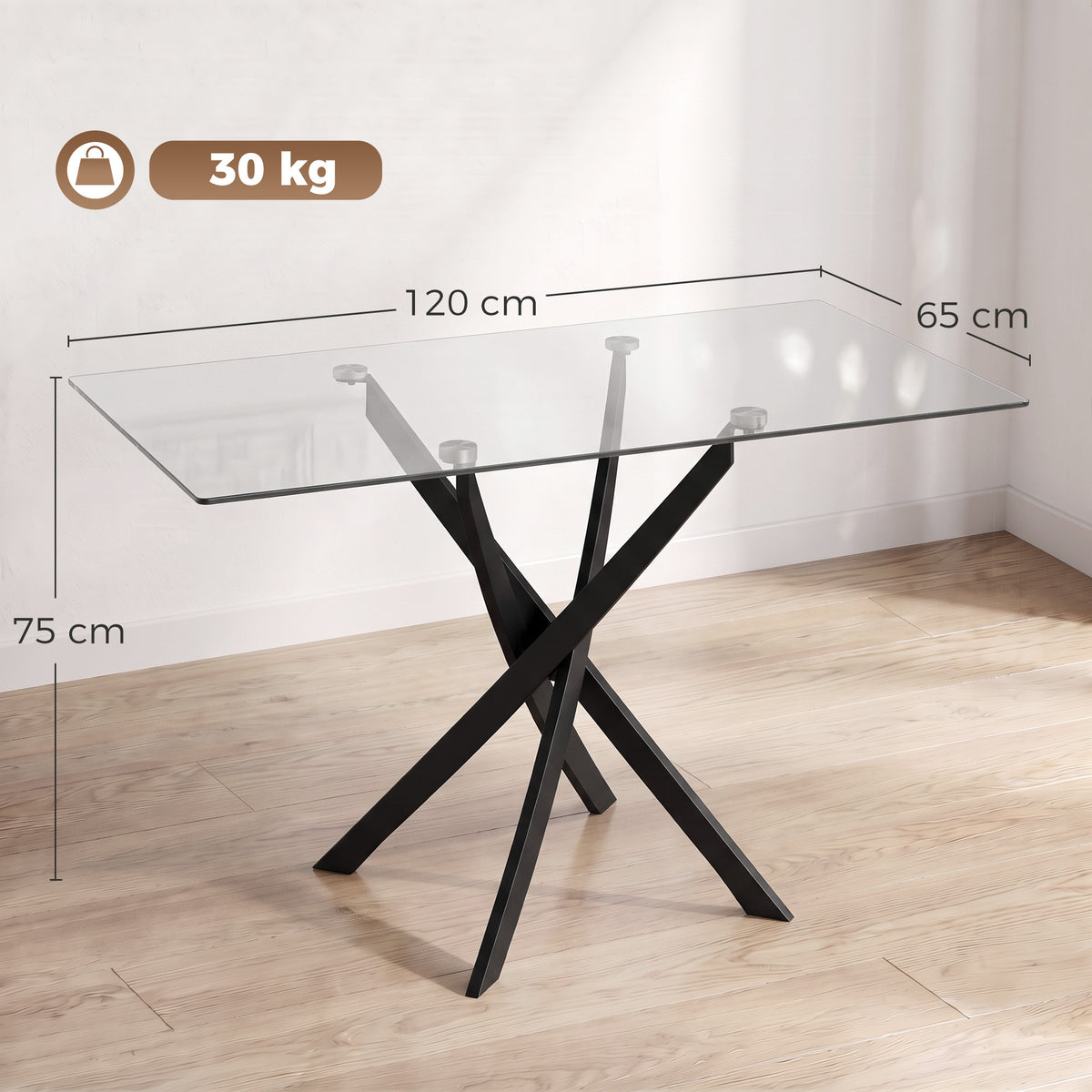 Tempered glass dining table, 120 x 65 cm top, 75 cm height, black X base