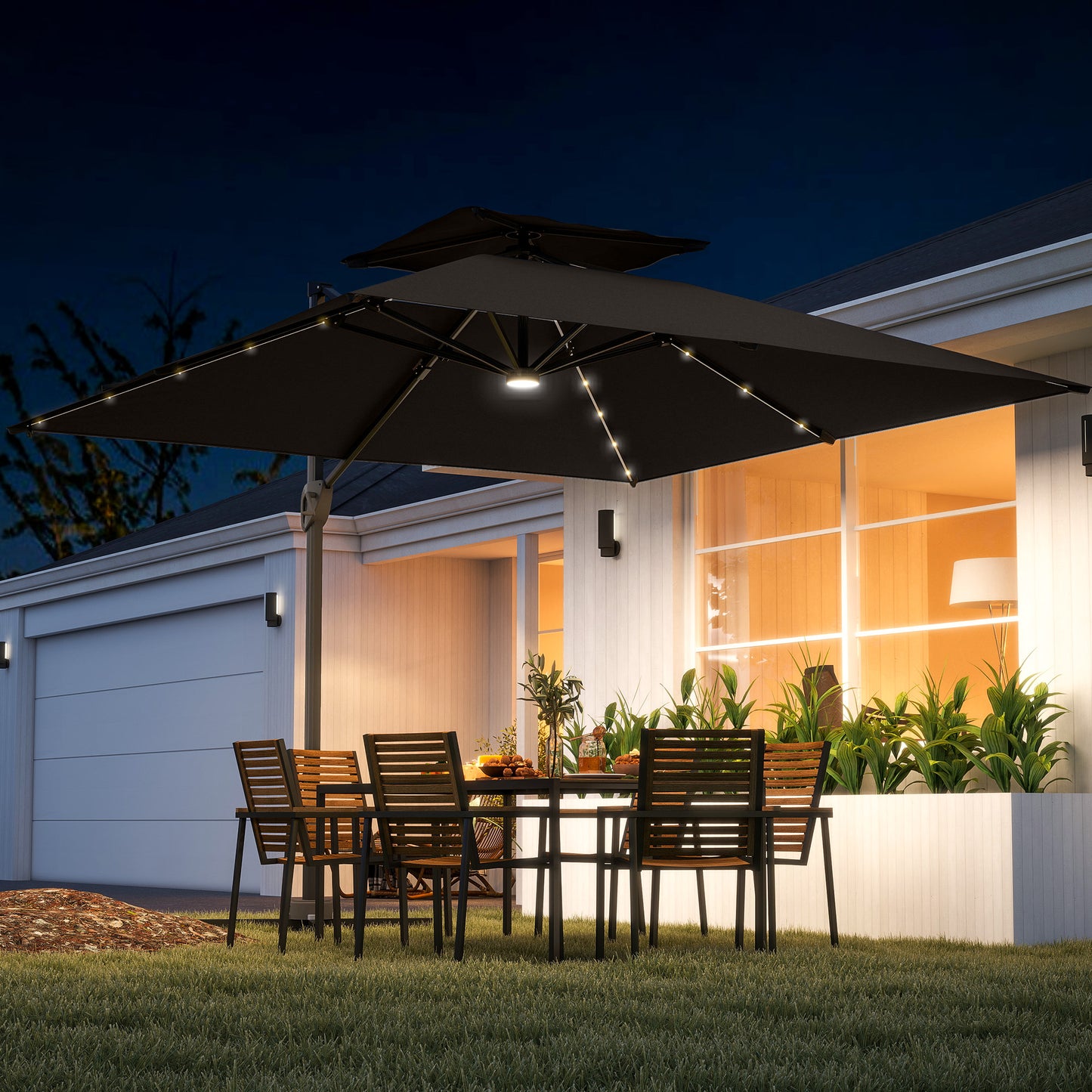 Outsunny Cantilever Parasol With Solar LED Lights Crank Tilt Aluminium Square Patio Umbrella Cross Base UPF50 Grey