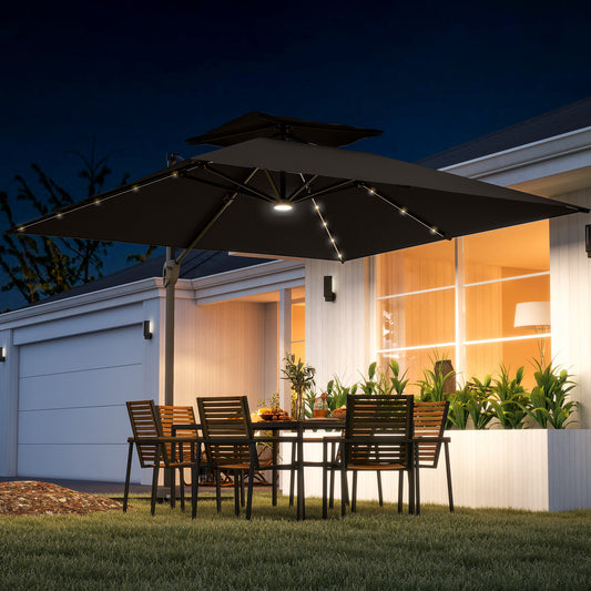 Outsunny Cantilever Parasol With Solar LED Lights Crank Tilt Aluminium Square Patio Umbrella Cross Base UPF50 Grey