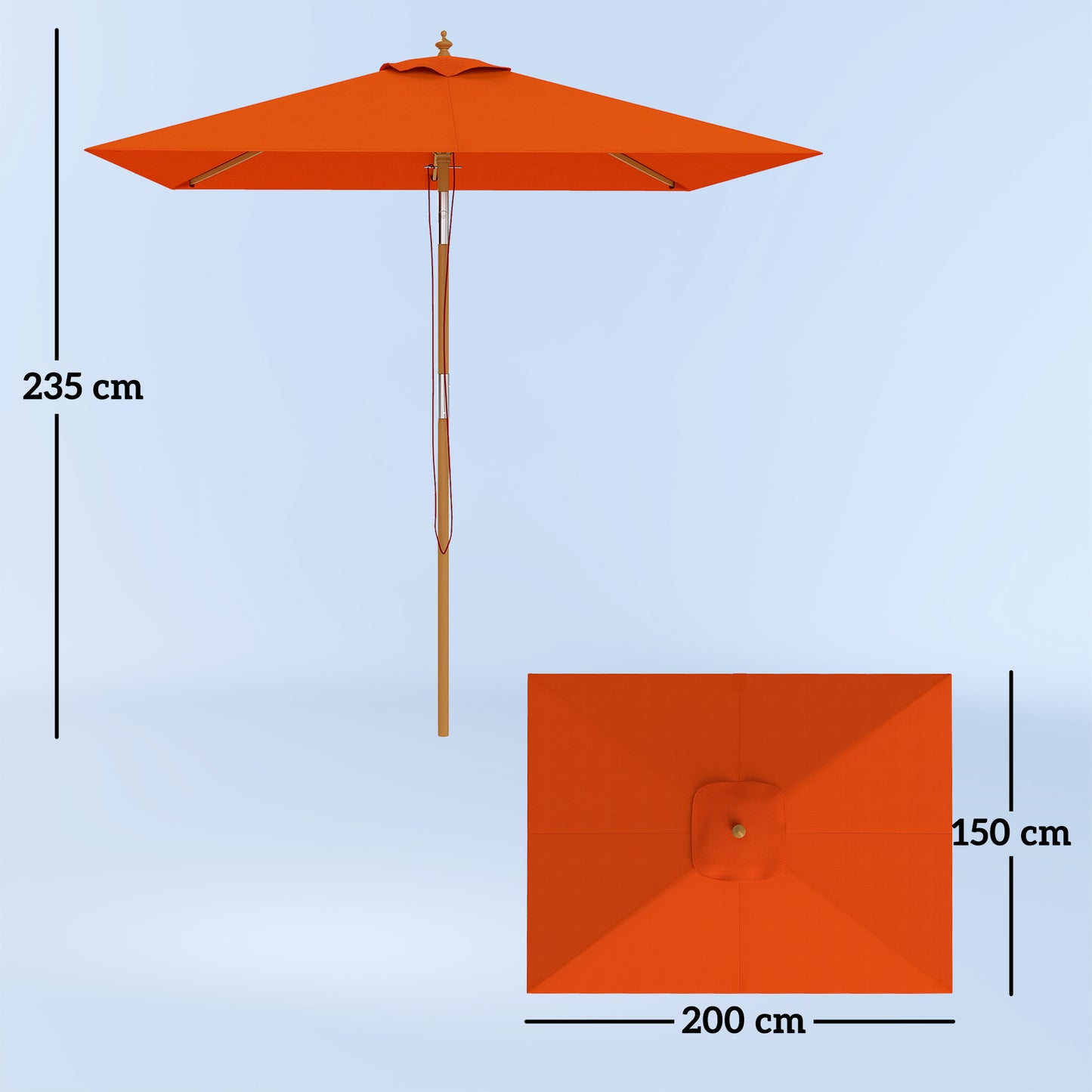 Outsunny 2m Tilting Wooden Pole Parasol Orange Canopy 180G Polyester Outdoor Sunshade For Patio Garden