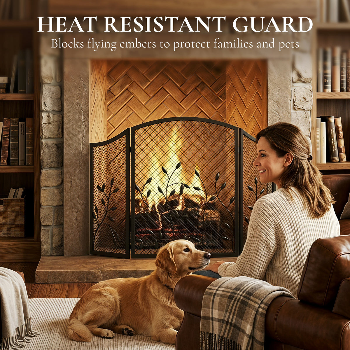 3-panel foldable fireplace screen spark guard with black mesh and floral cutout details