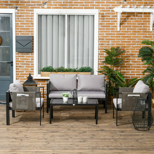 Outsunny 4 Piece Garden Sofa Set w/ Tempered Glass Coffee Table Padded Cushions - ALL4U RETAILER LTD