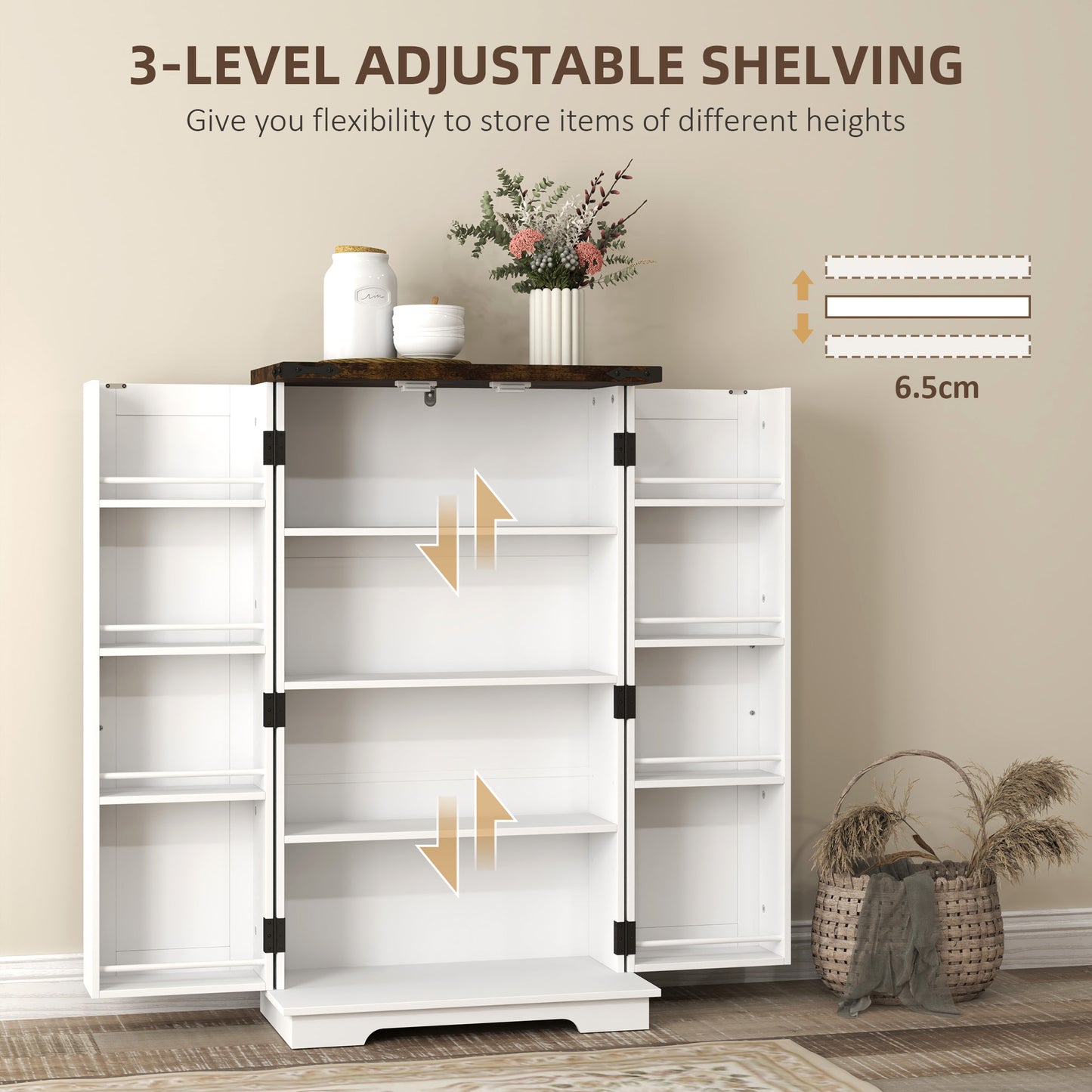HOMCOM Multi Storage Farmhouse Style Kitchen Cabinet White With Adjustable Shelves For Pantry And Kitchen Organization