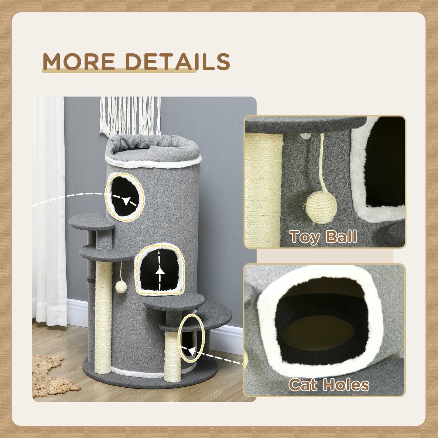 PawHut Barrel-Designed Cat Tree with Scratching Posts and Cozy Platforms in Grey - ALL4U RETAILER LTD