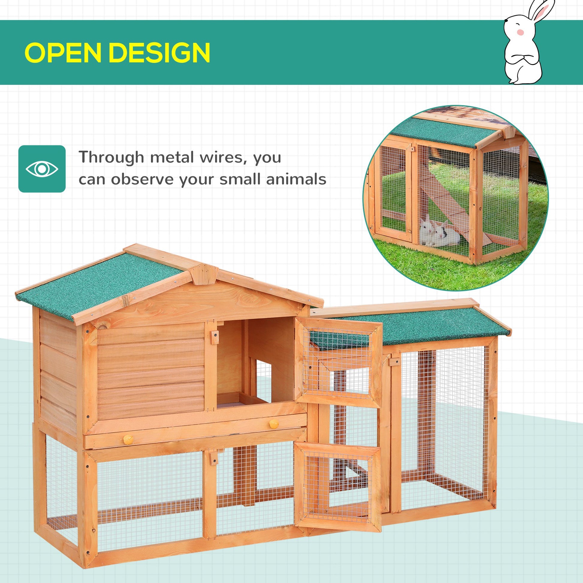 PawHut 2-Story Fir Wood Rabbit Hutch with Ramp and Outdoor Run - Brown - ALL4U RETAILER LTD