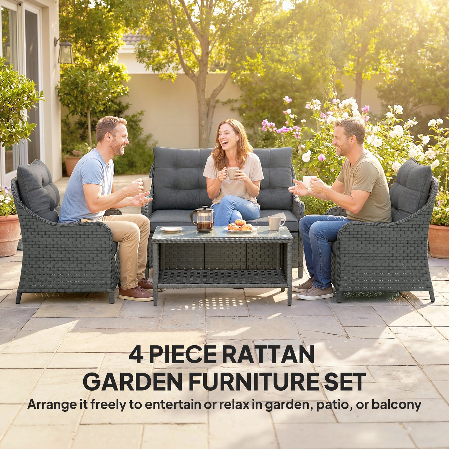 Outsunny Four Piece Wicker Patio Furniture Set With Two Armchairs Loveseat And Glass Coffee Table In Dark Grey